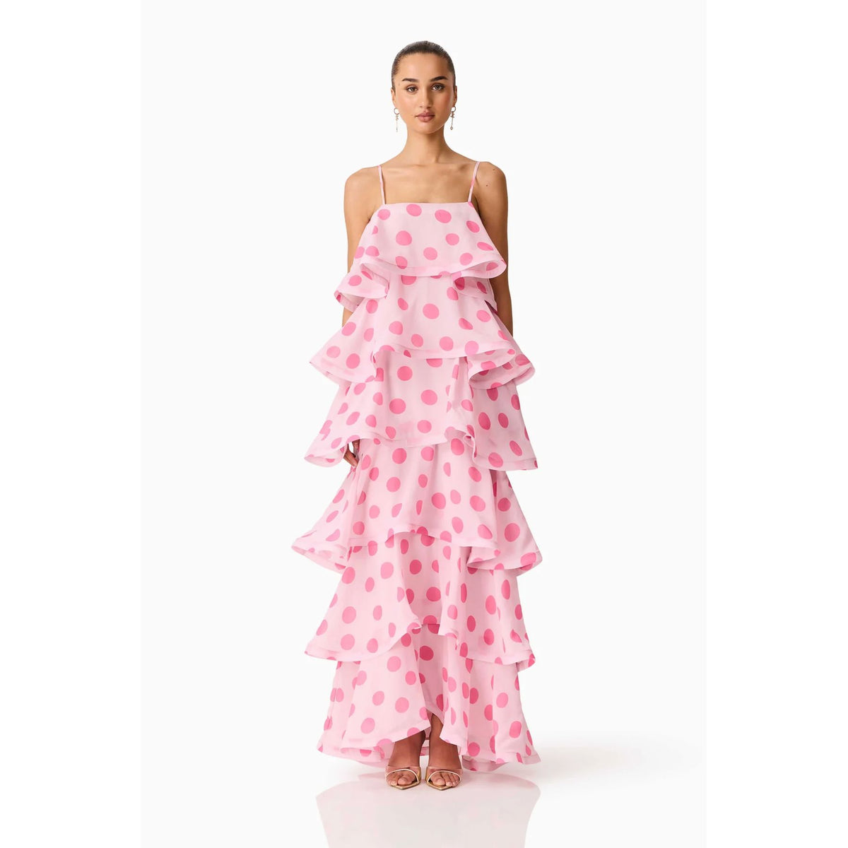 Elliatt Sola Tiered Maxi Dress - Pink Polkadot Maxi Dress Elliatt 