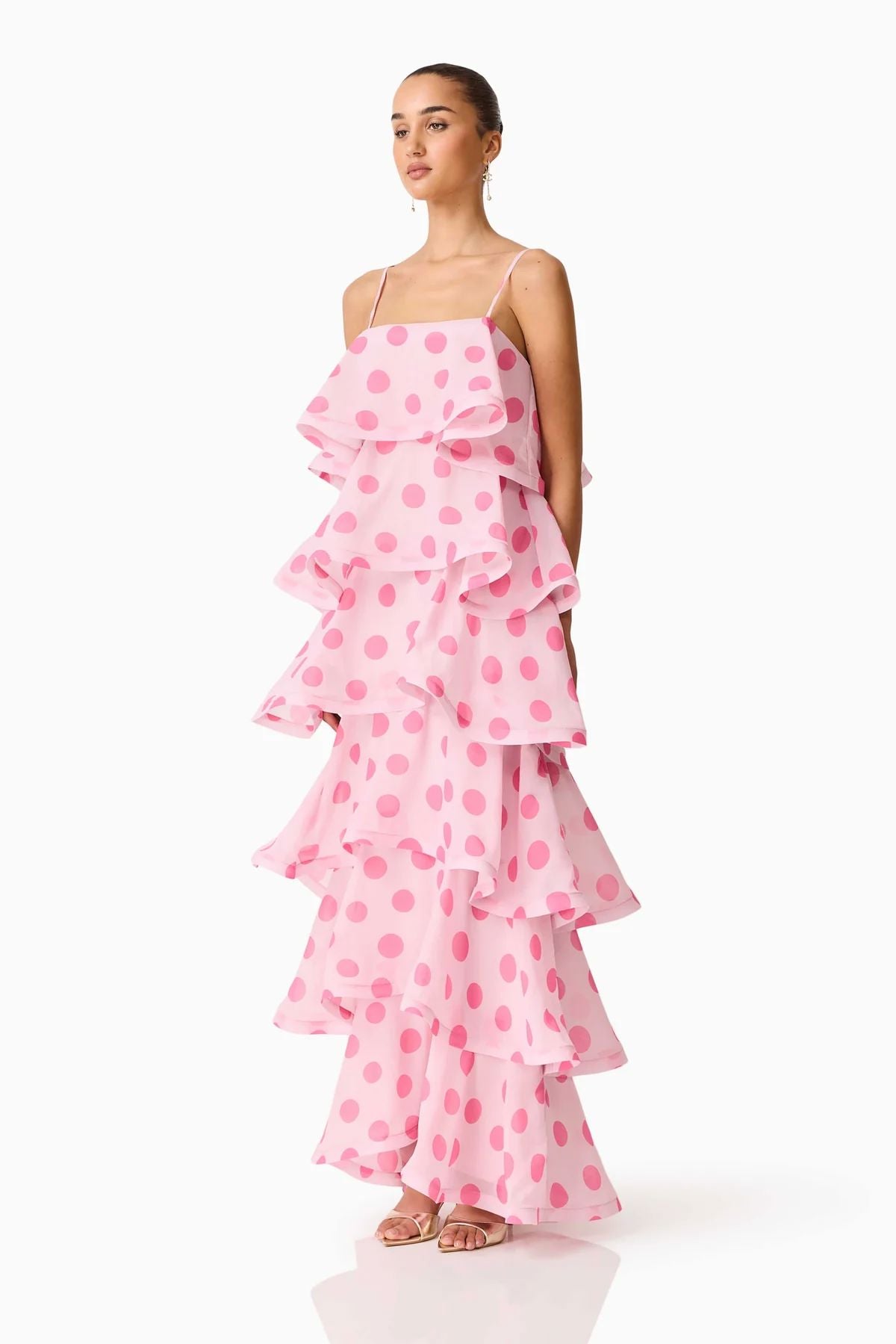 Elliatt Sola Tiered Maxi Dress - Pink Polkadot Maxi Dress Elliatt 