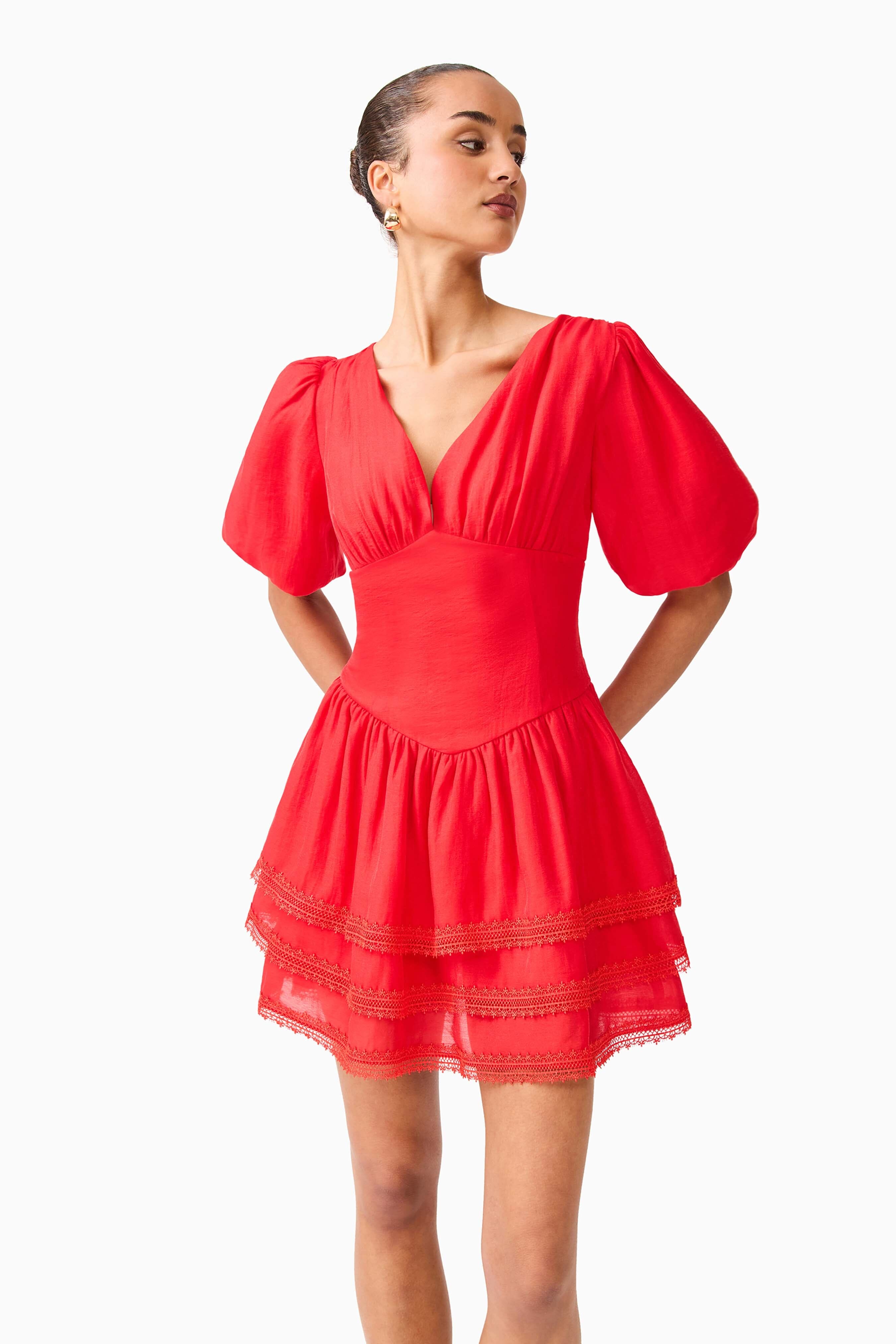 Elliatt Yvette Puff Sleeve Mini - Vermilion Red Elliatt