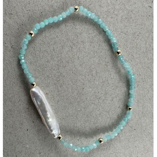 Elongated Natural Pearl Stretch Bracelet - Amazonite / White BRA2074 Indulge Me