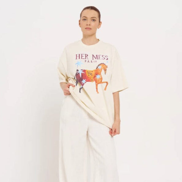 Her Mess Tee - Ivory Oversized Horse Print T-Shirt from Maku Eclectic House
