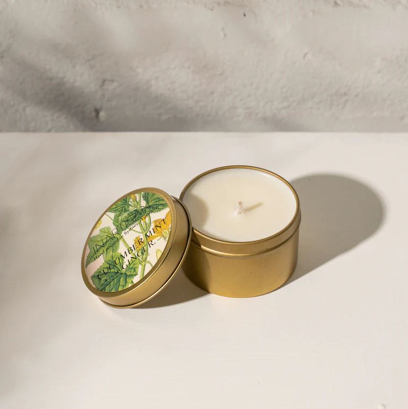 Inartisan Hand Poured Soy Candle in Brass Tin - Cucumber, Mint & Ginger Inartisan