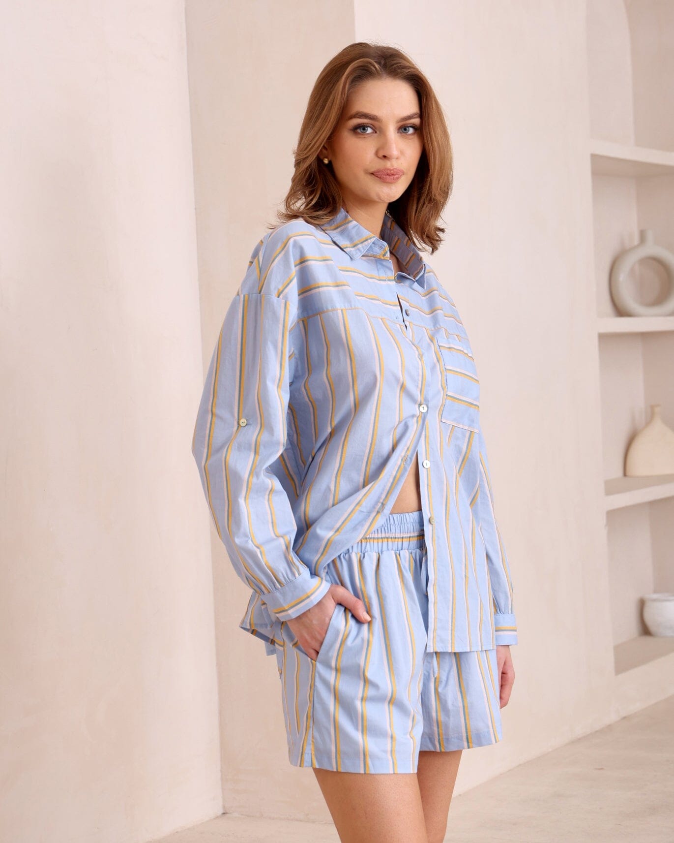 Iris Maxi Long Sleeve Shirt- Blue Stripe Iris Maxi