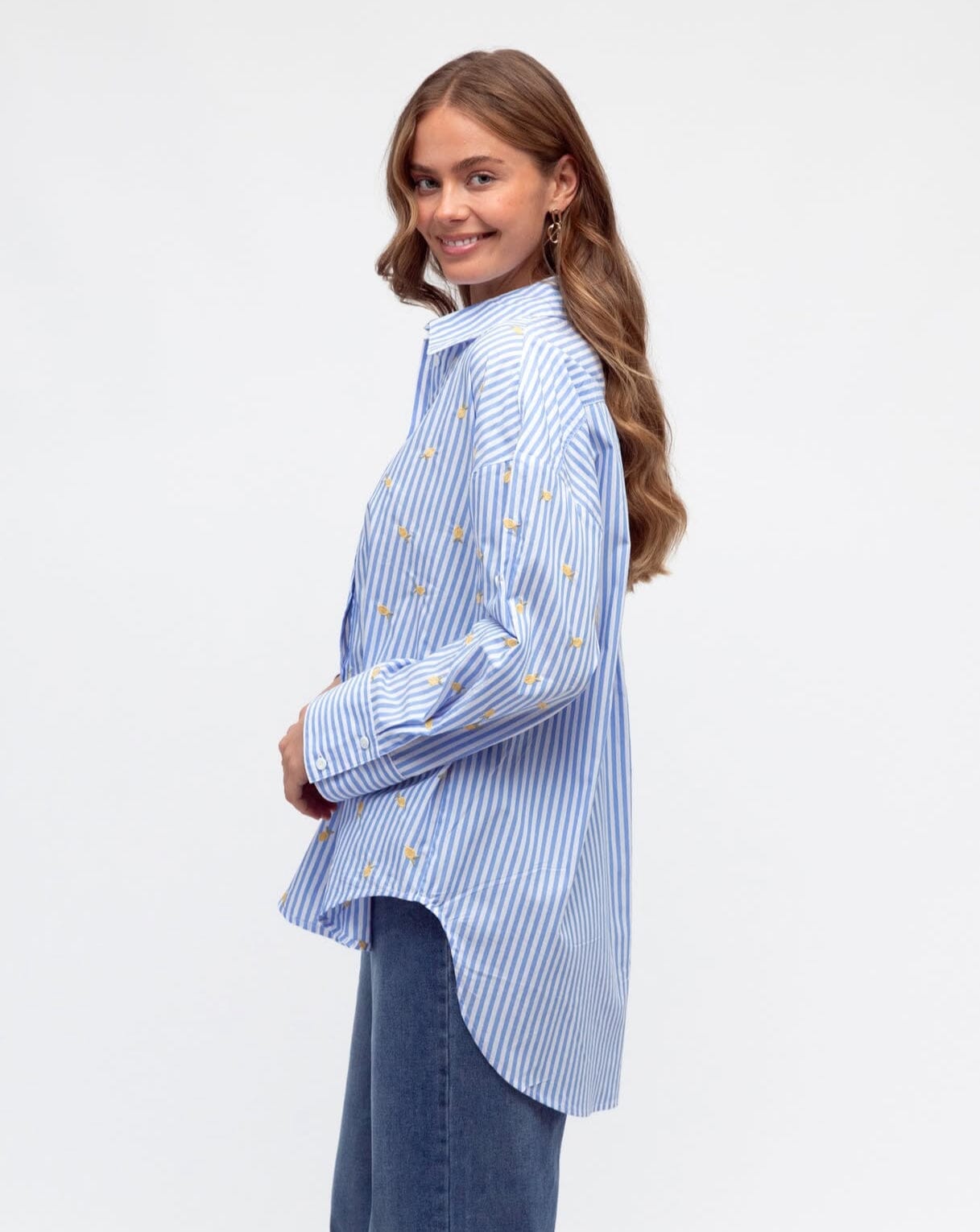 Label Of Love Heart Lemon Embroidery Shirt light blue and white stripe Eclectic House