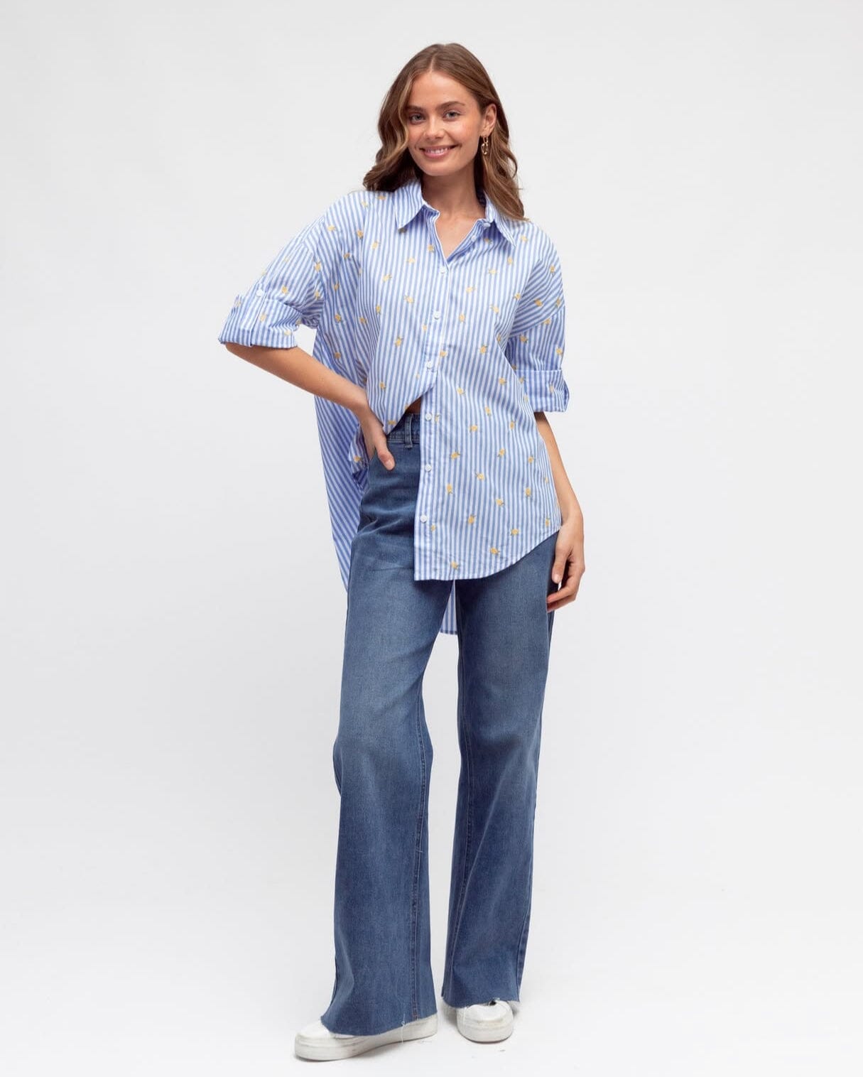 Label Of Love Heart Lemon Embroidery Shirt light blue and white stripe Eclectic House