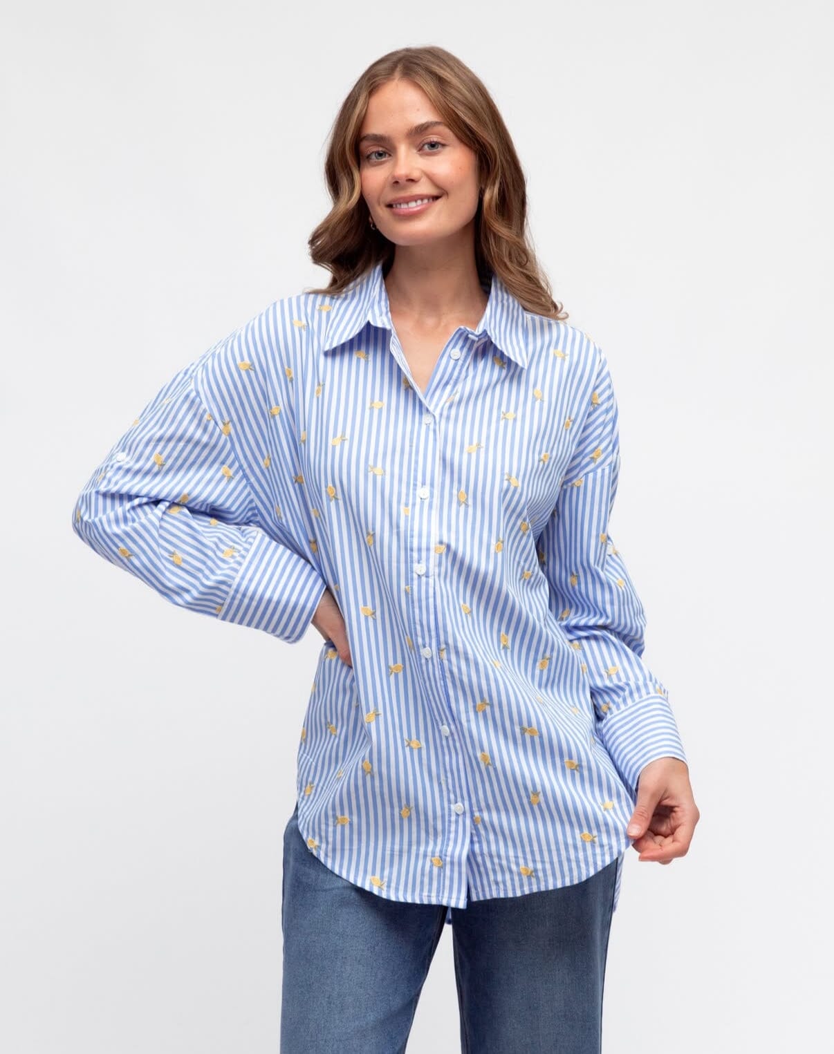 Label Of Love Heart Lemon Embroidery Shirt light blue and white stripe Eclectic House