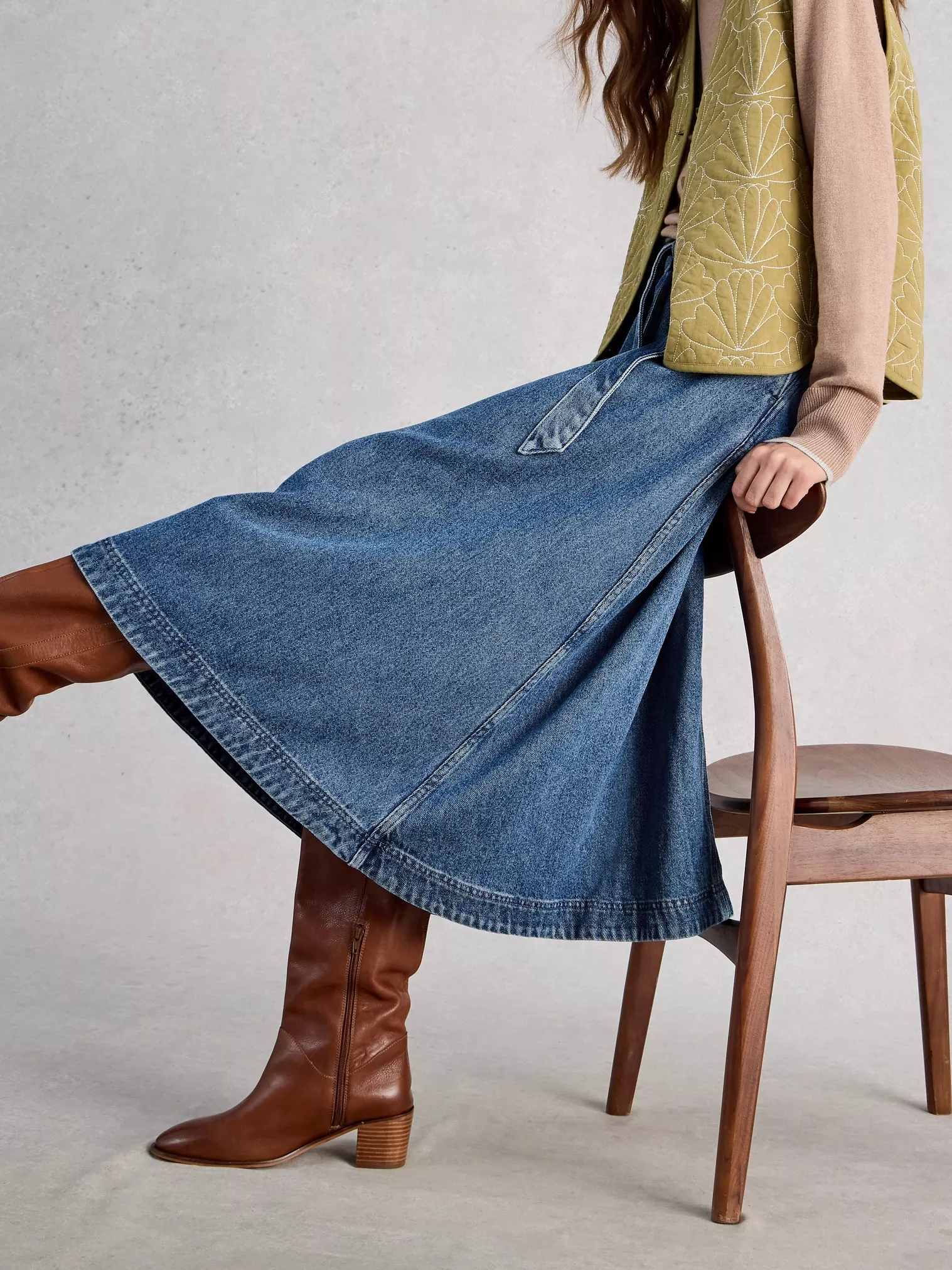 White Stuff Lexi Denim Midi Skirt - Mid Denim