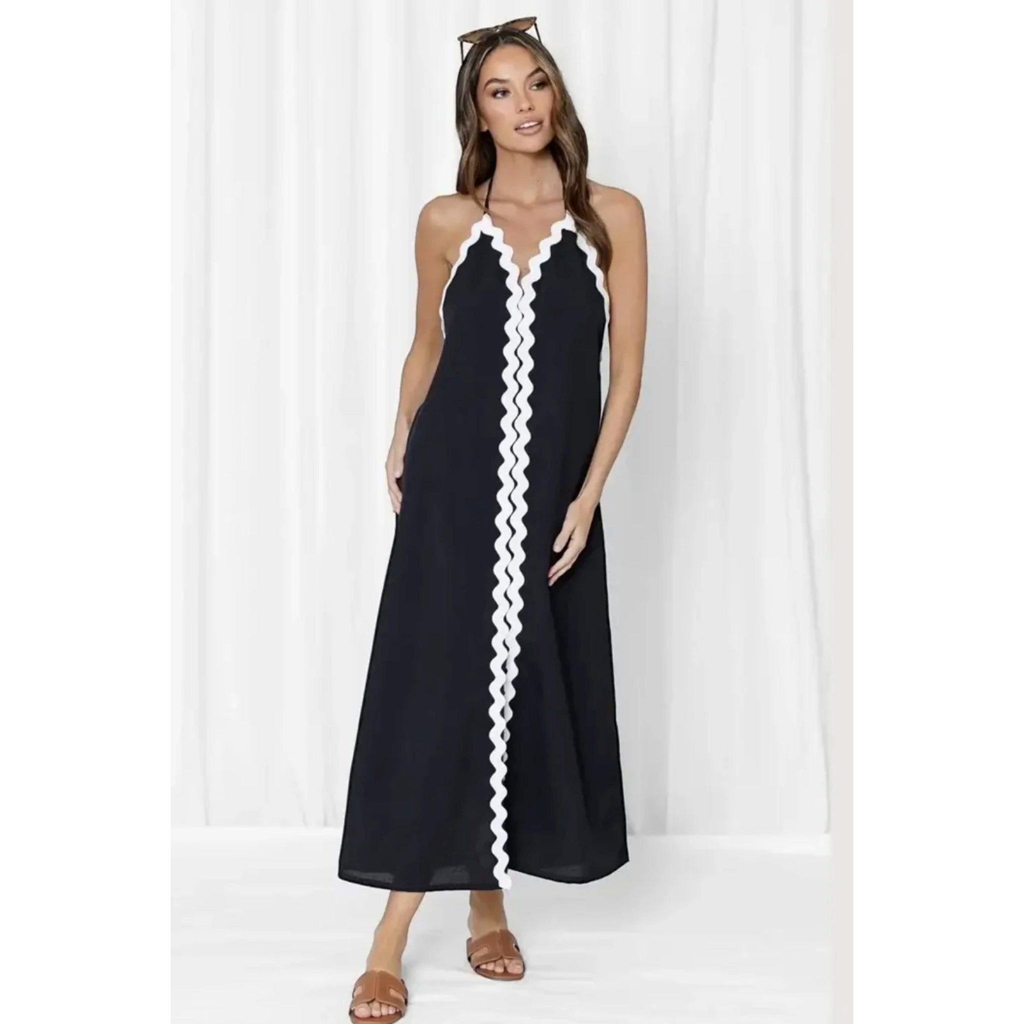Love Lily the Label Riviera Ric-Rac Halter Dress - Black/White