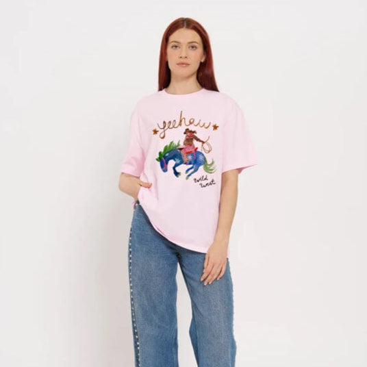 Yeehaw Tee - Baby Pink Cowgirl Boyfriend Top from Maku Eclectic House