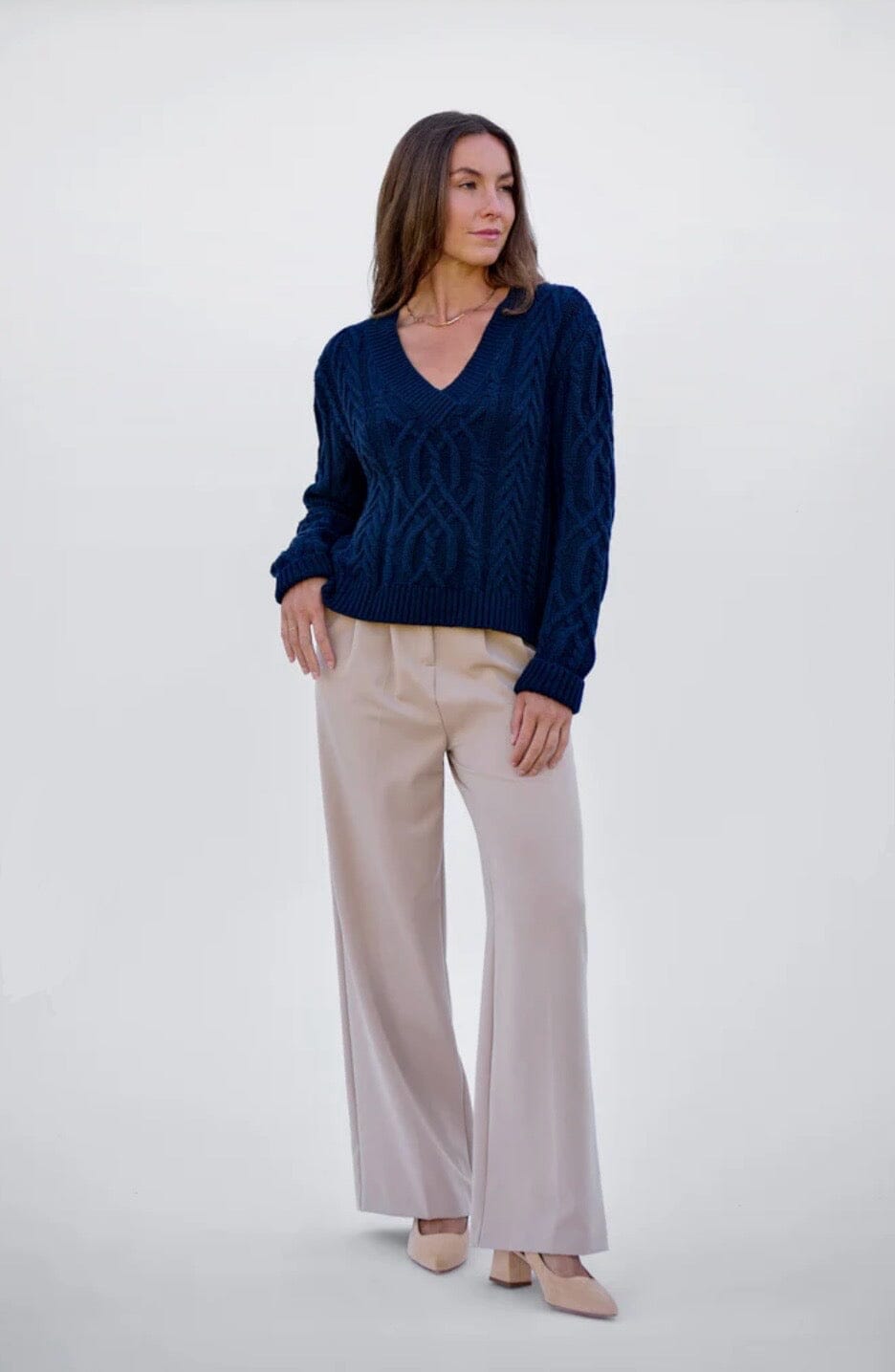 Maxted V-Neck Cable Knit - Navy Maxted