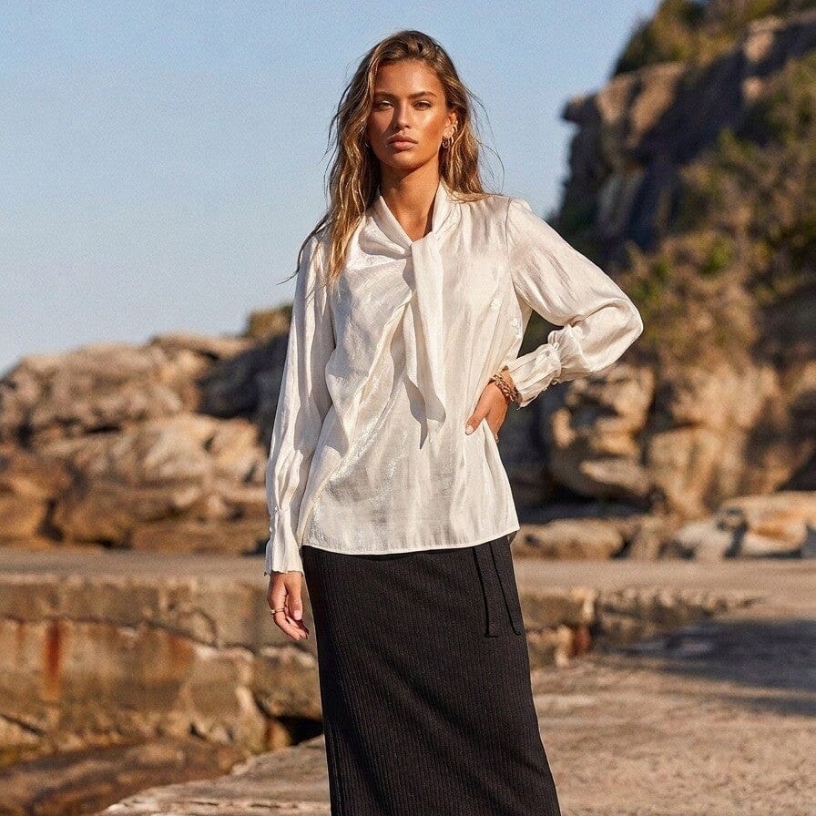 Mondara Satin Tie Neck Top - Off White Eclectic House