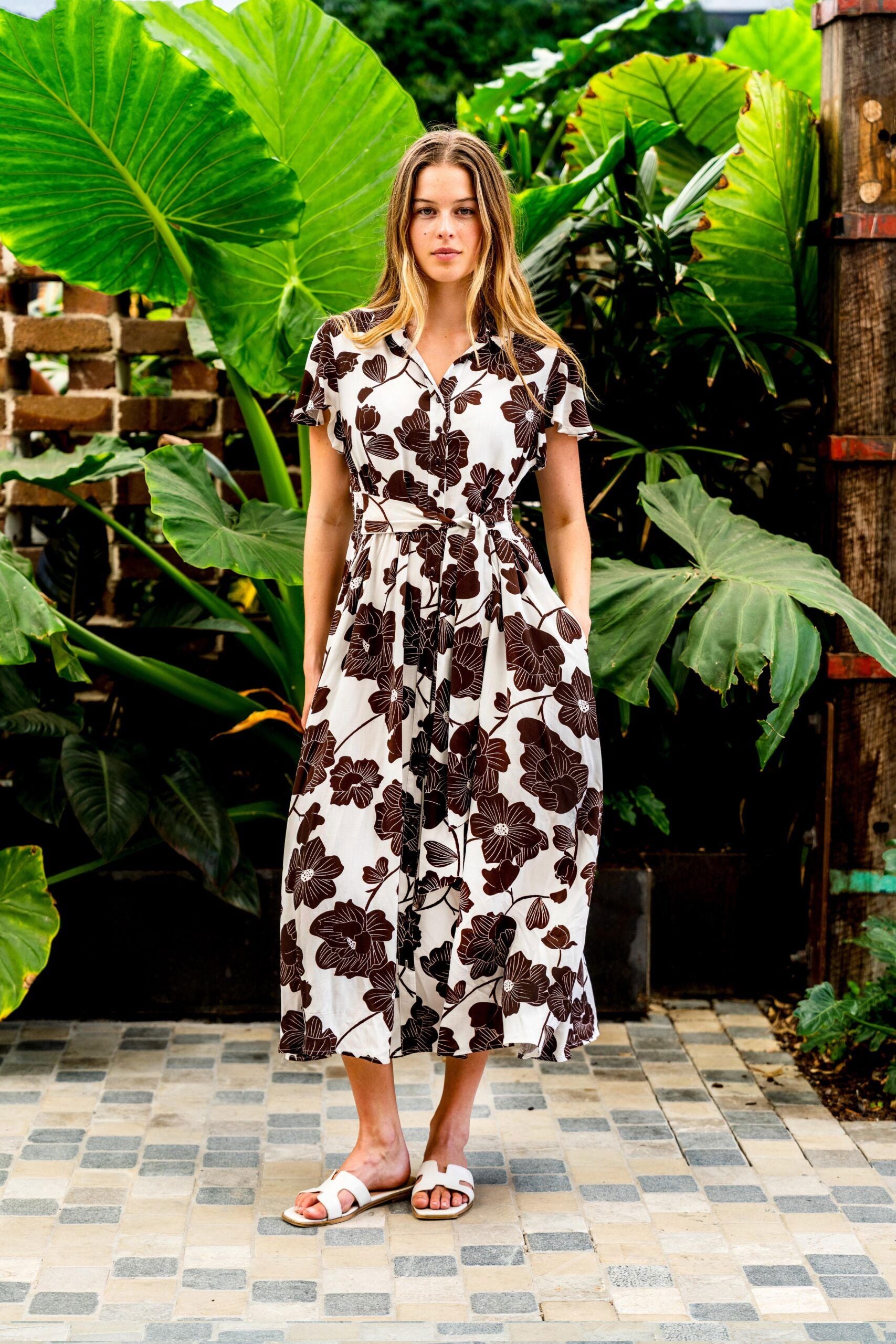 Nerita Midi Dress - Brown Floral Midi Dress Boho Australia 