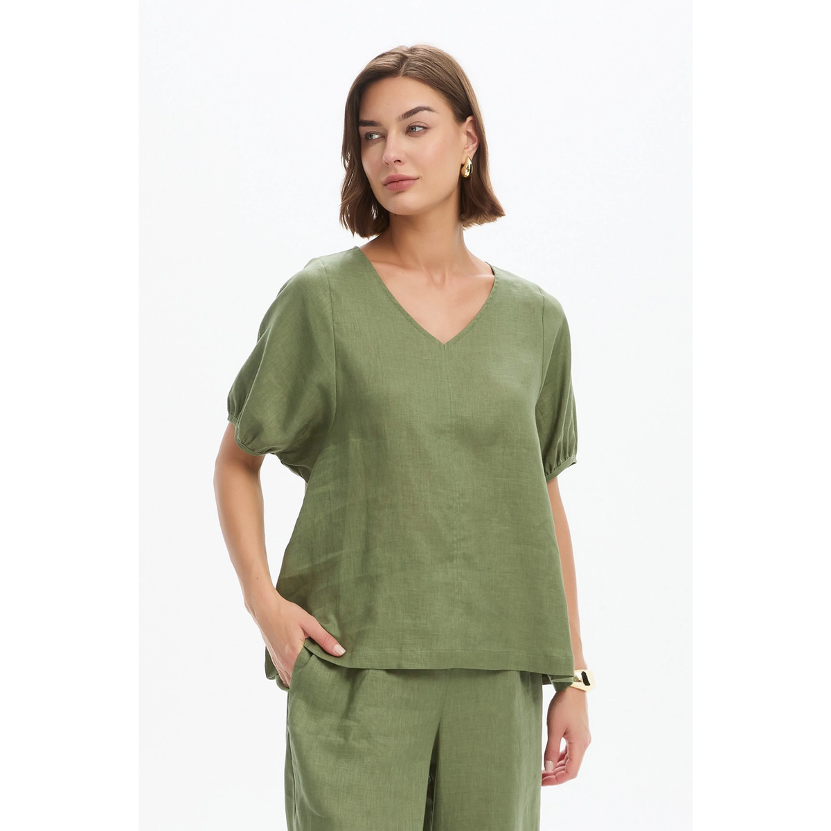 Tirelli Bishop Sleeve Top - Olive Green