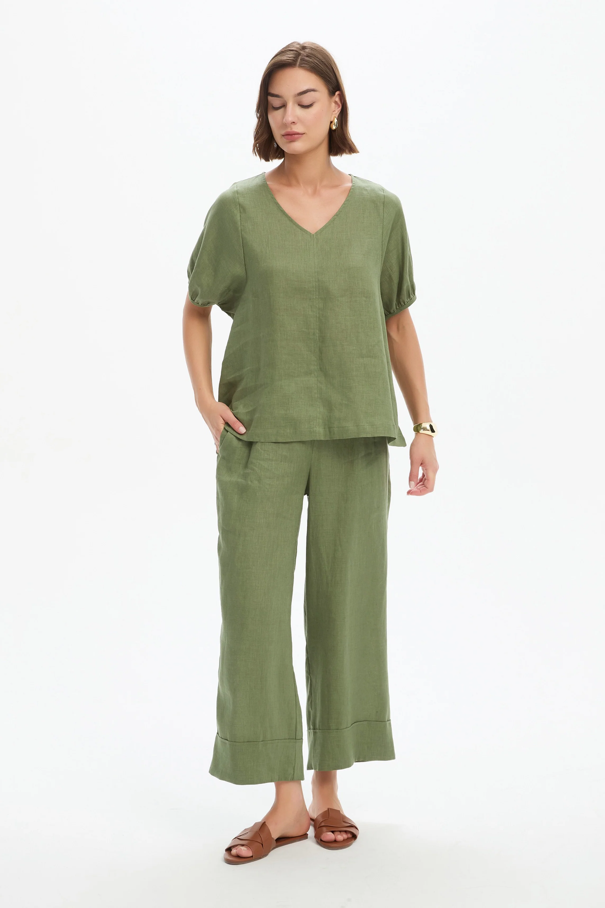 Tirelli Bishop Sleeve Top - Olive Green