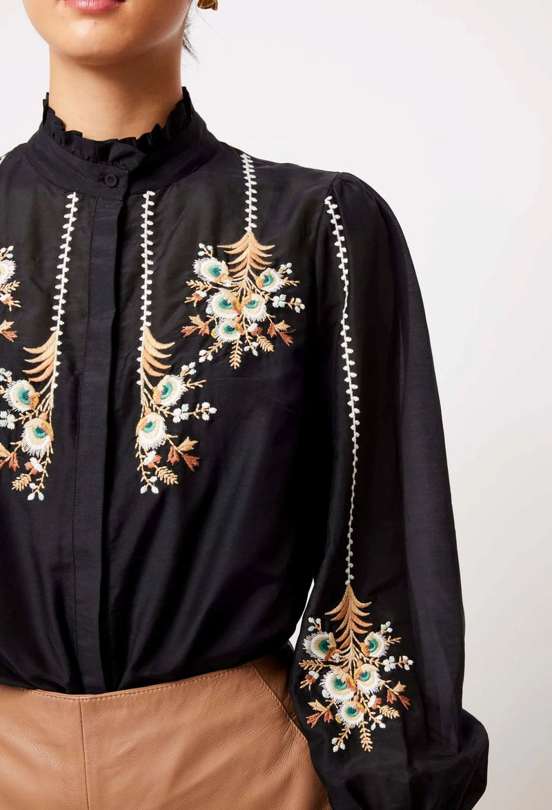 Once Was Florence Cotton Silk Embroidered Shirt - Black Once Was