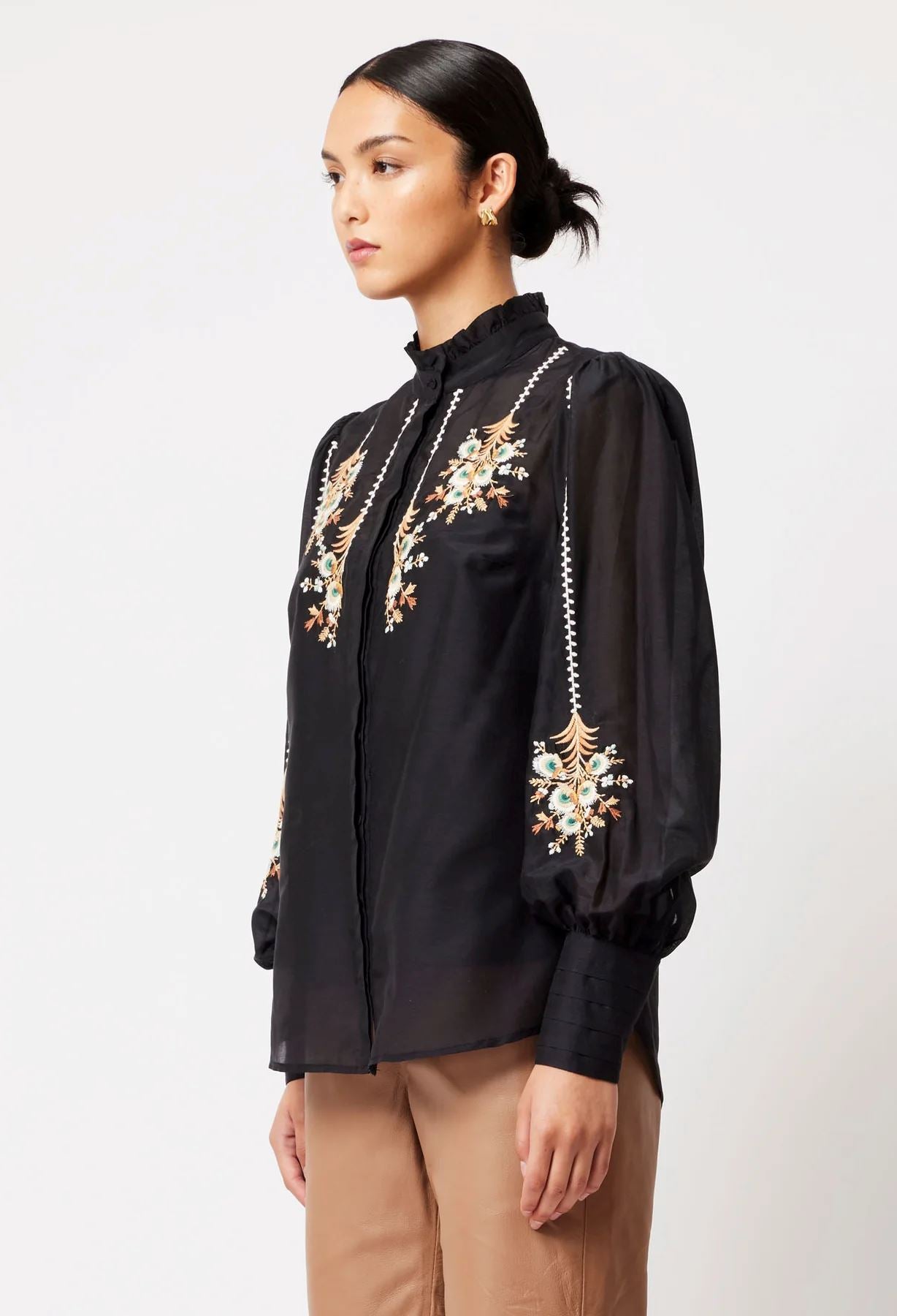 Once Was Florence Cotton Silk Embroidered Shirt - Black Once Was