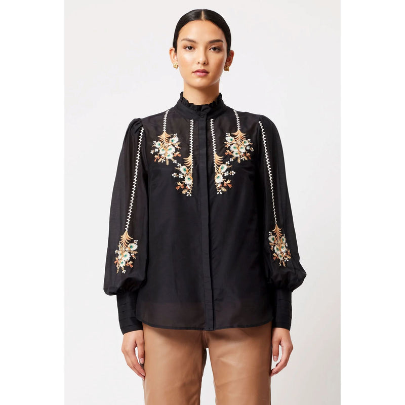 Once Was Florence Cotton Silk Embroidered Shirt - Black Once Was