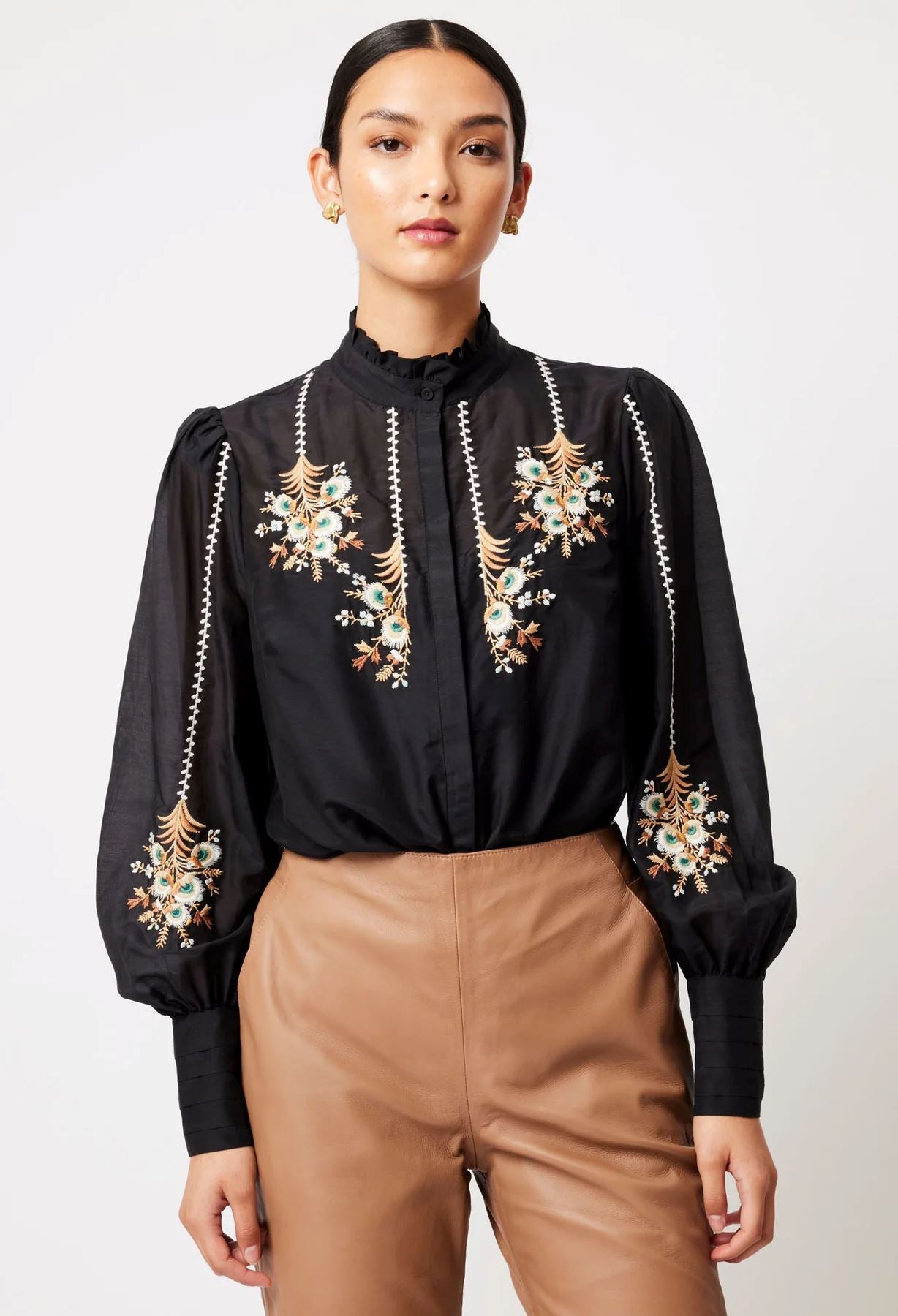 Once Was Florence Cotton Silk Embroidered Shirt - Black Once Was