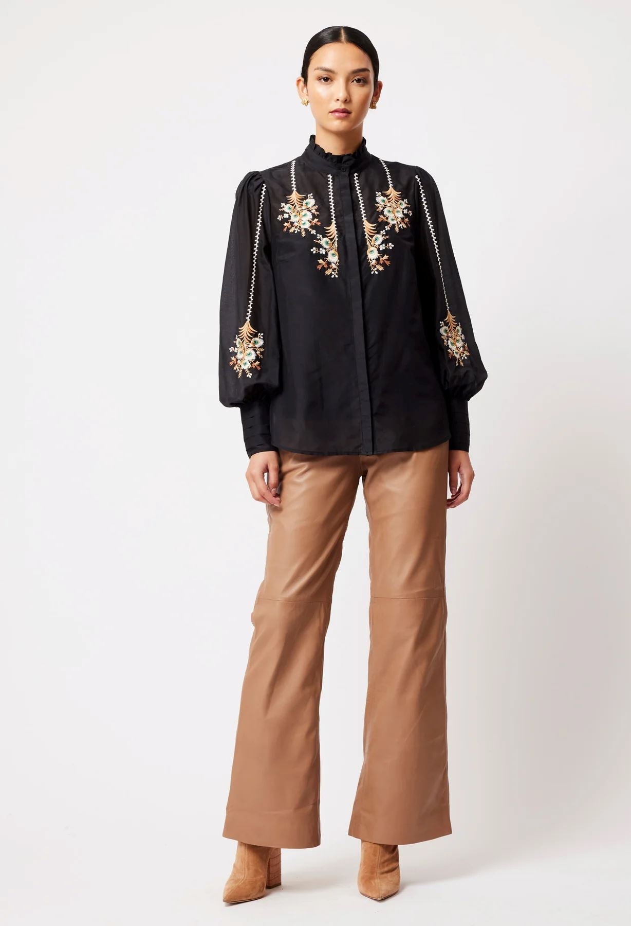 Once Was Florence Cotton Silk Embroidered Shirt - Black Once Was