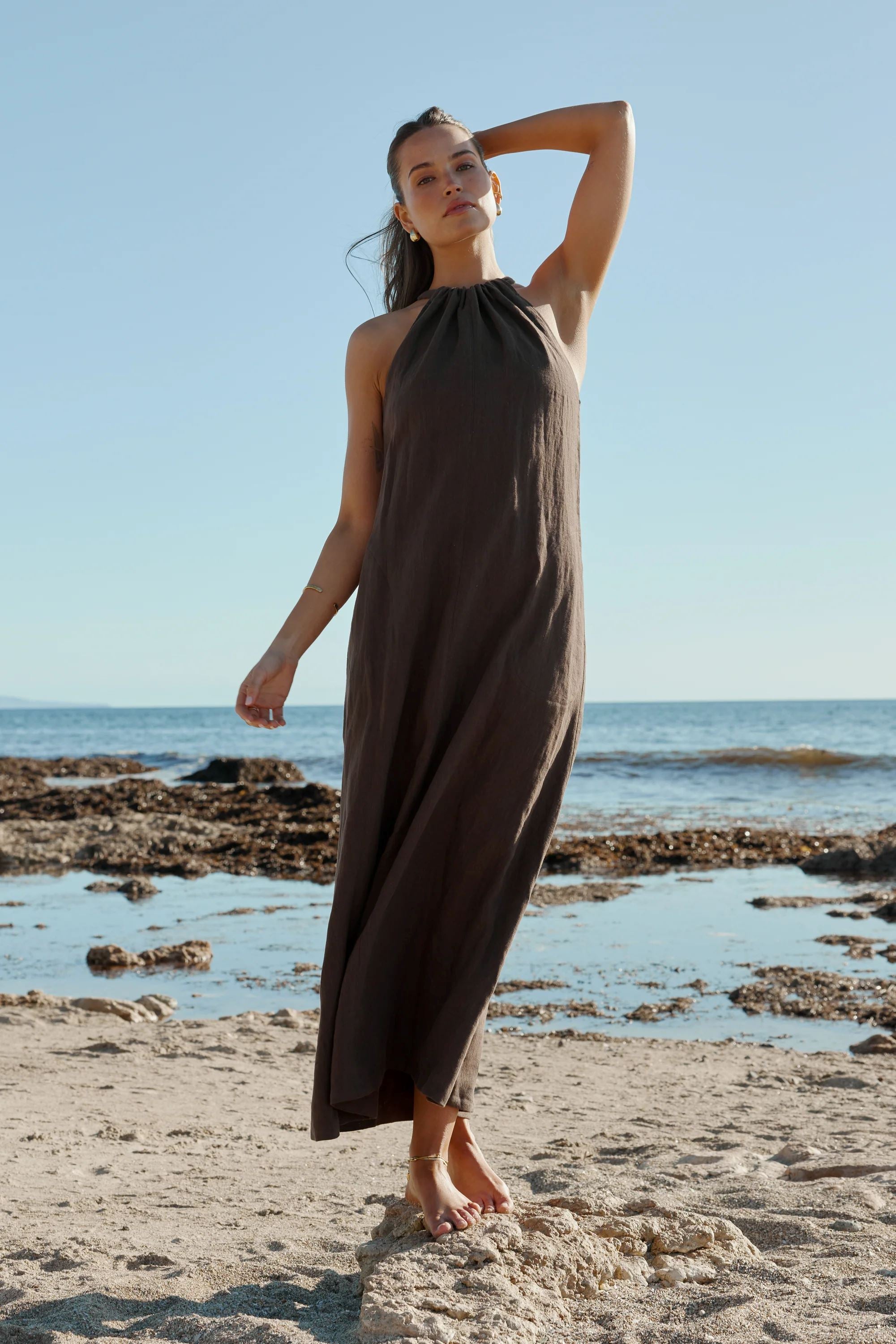 ORTC Clothing Co. Luna Linen Halter Dress - Carob ortc Clothing Co.