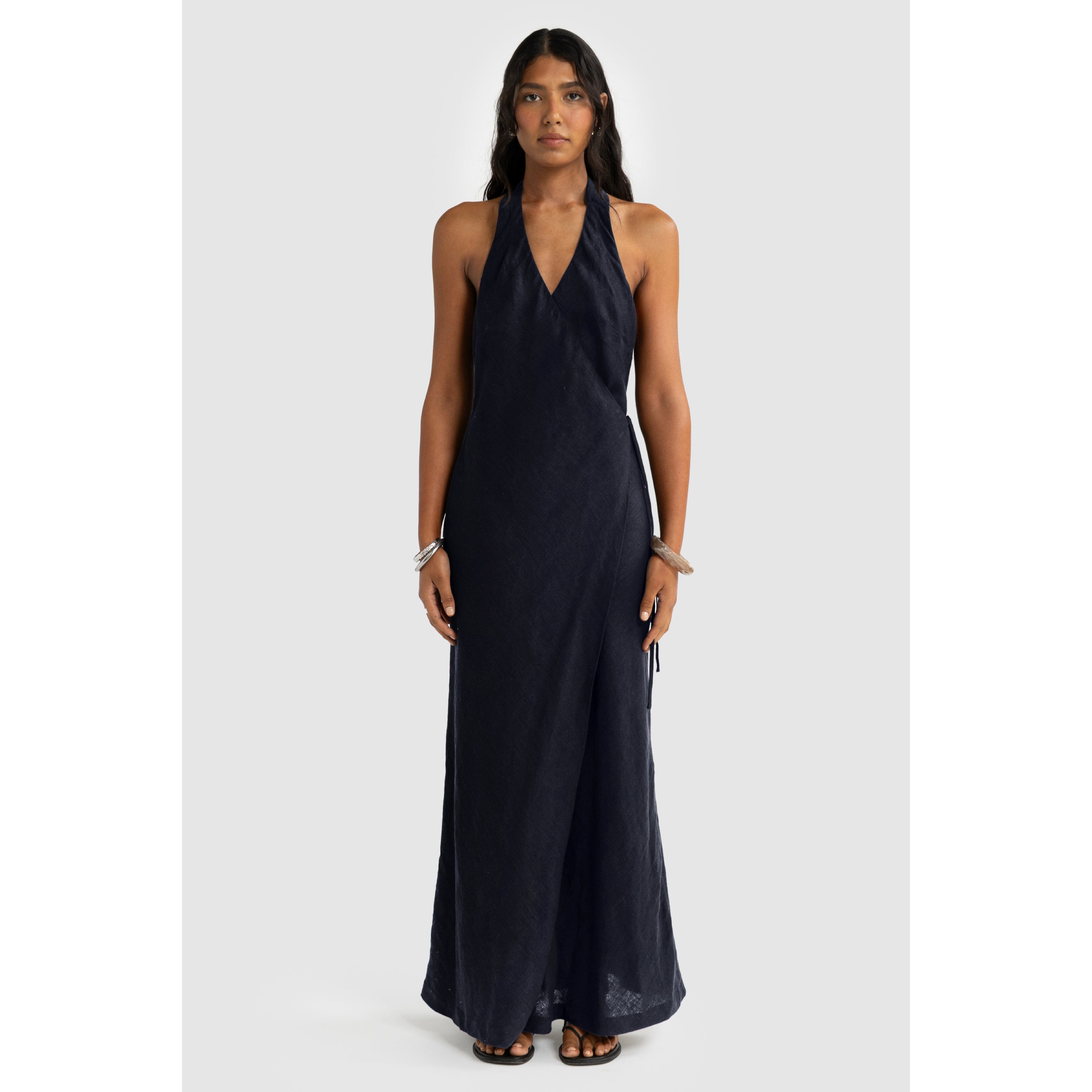 ORTC Elise Linen Wrap Full Length Dress - French Navy Wrap Dress ortc Clothing Co. 