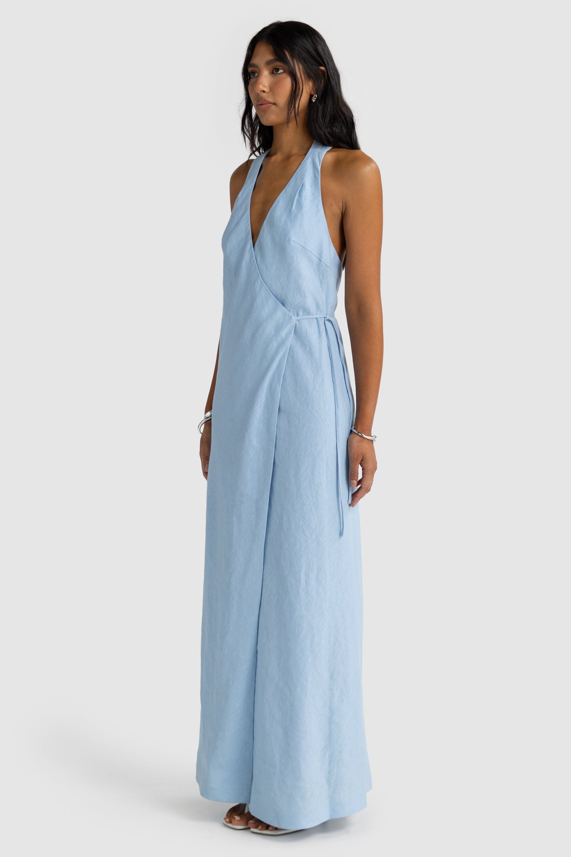 ORTC Elise Linen Wrap Full Length Dress - Powder Blue ortc Clothing Co.