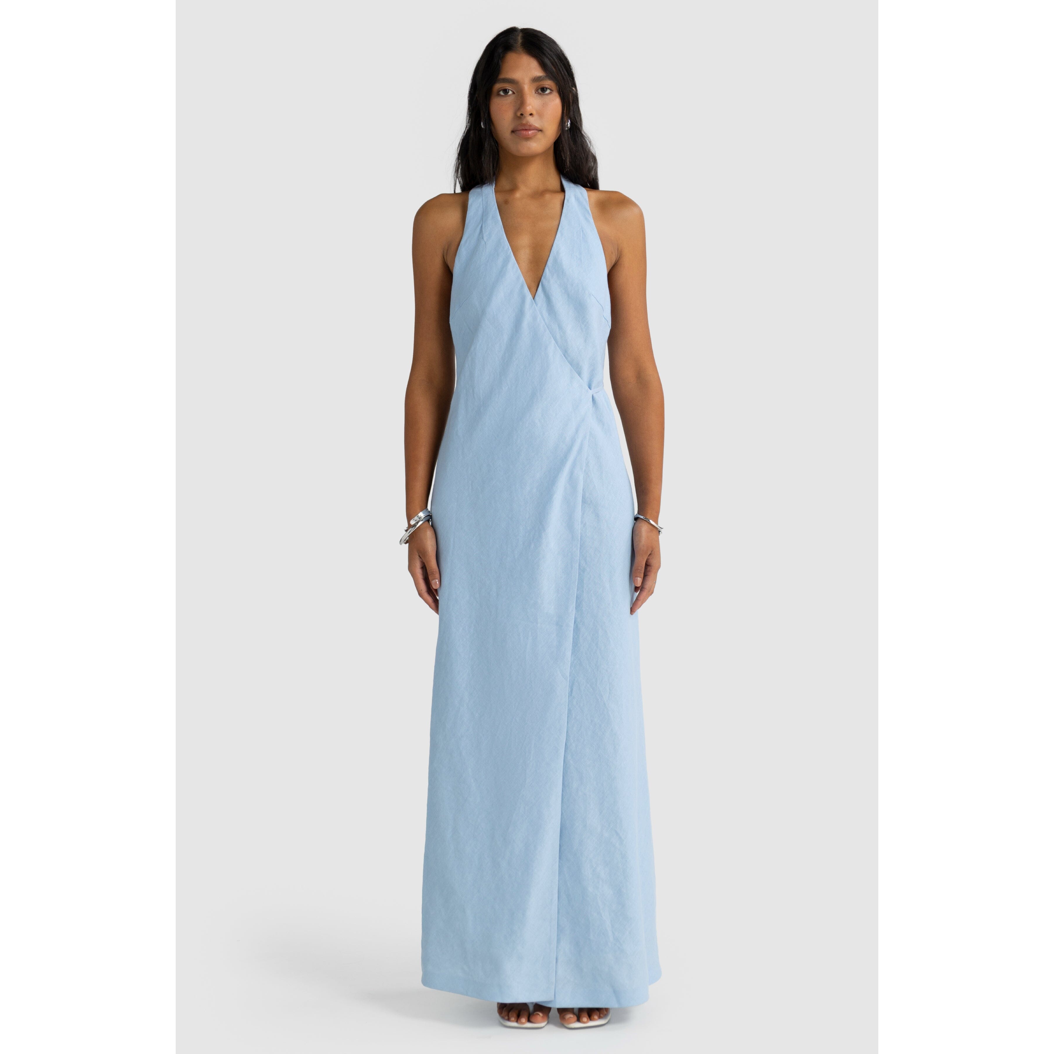 ORTC Elise Linen Wrap Full Length Dress - Powder Blue ortc Clothing Co.
