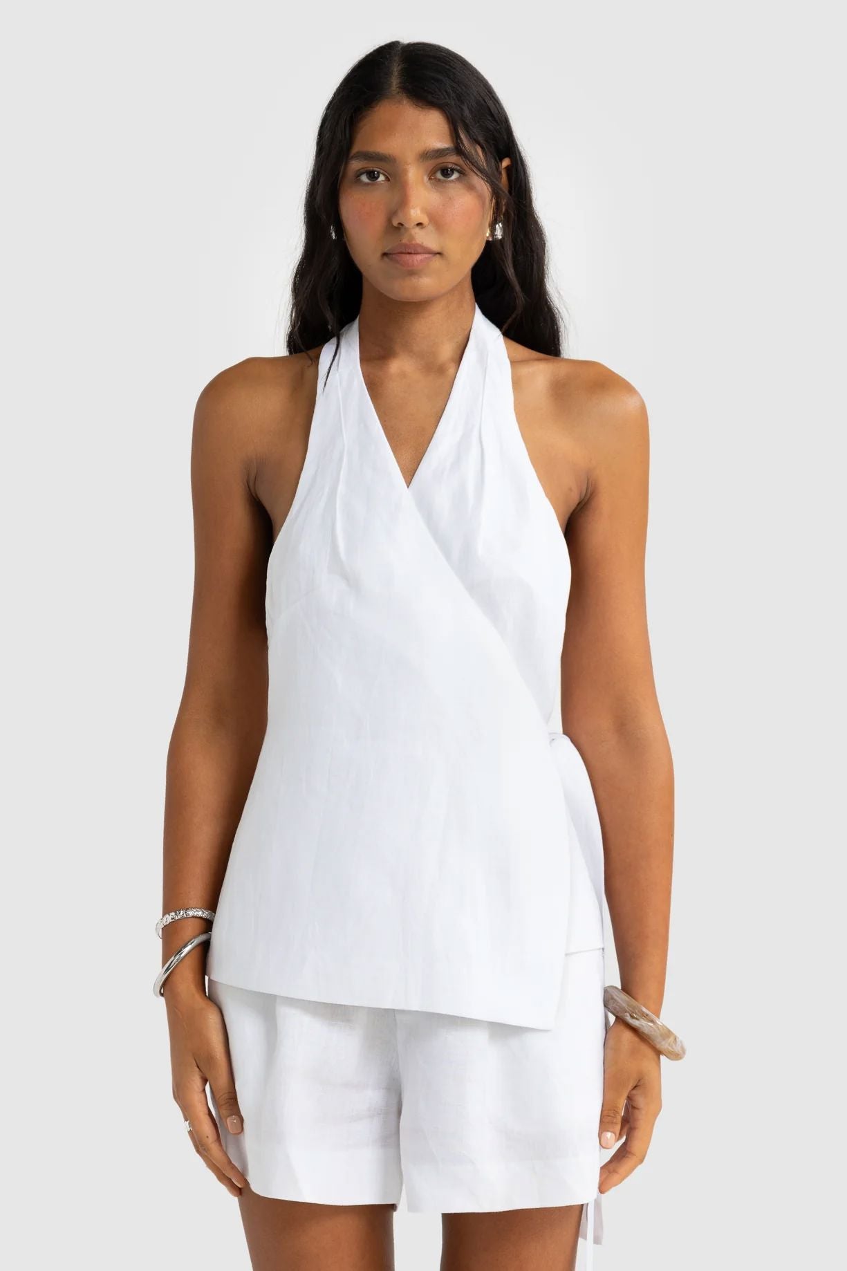 ORTC Elise Linen Wrap Top - White ortc Clothing Co.