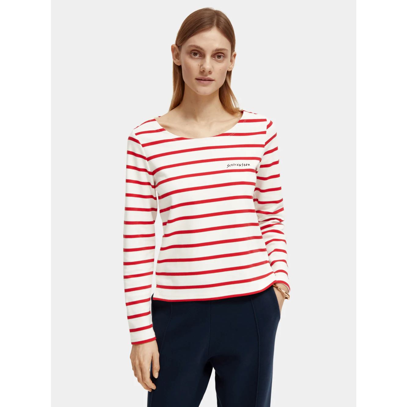 Scotch & Soda Breton Stripe Longsleeve T-shirt - Off White/Amp Red Scotch & Soda