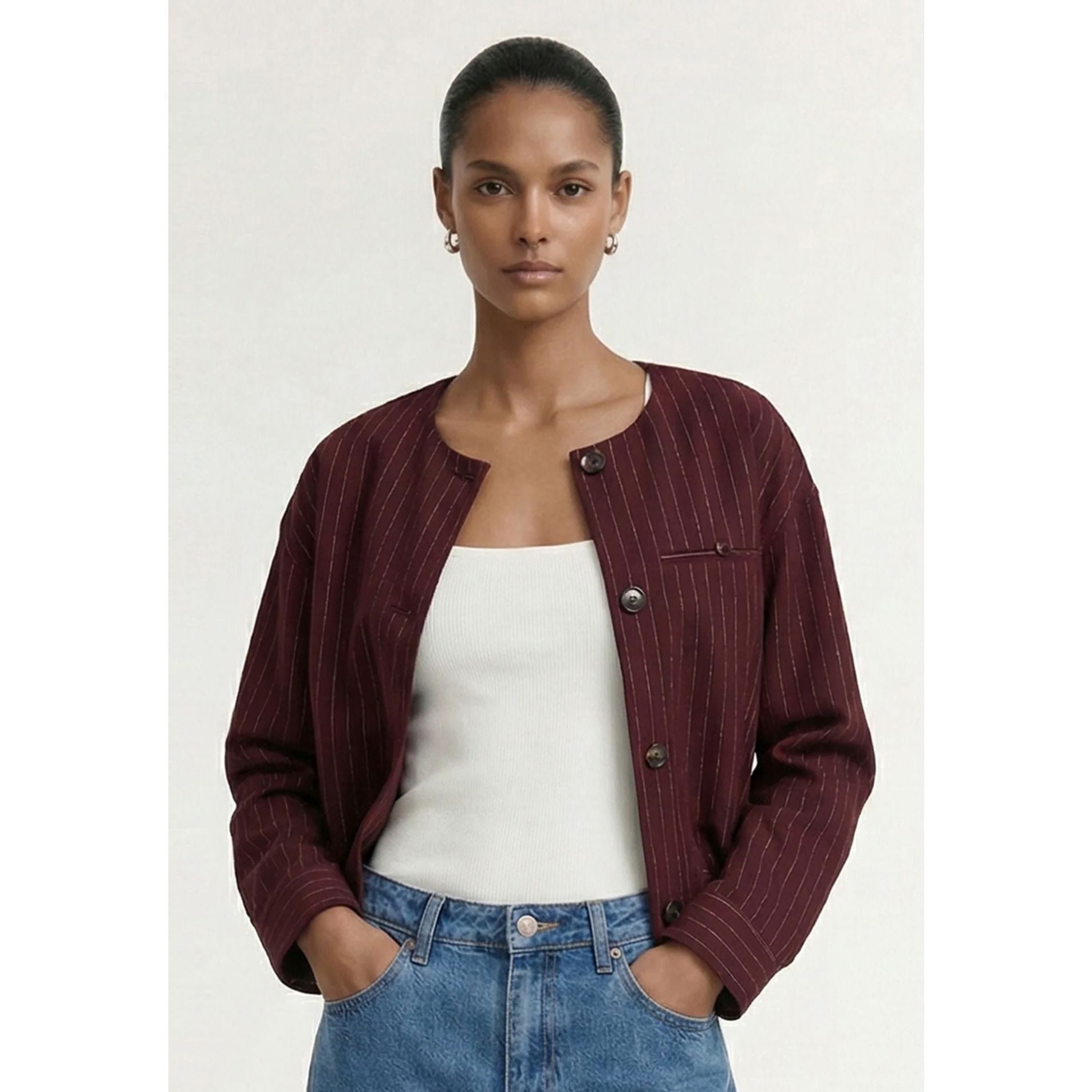 Staple The Label Reed Crop Jacket - Wine Pinstripe Staple the label