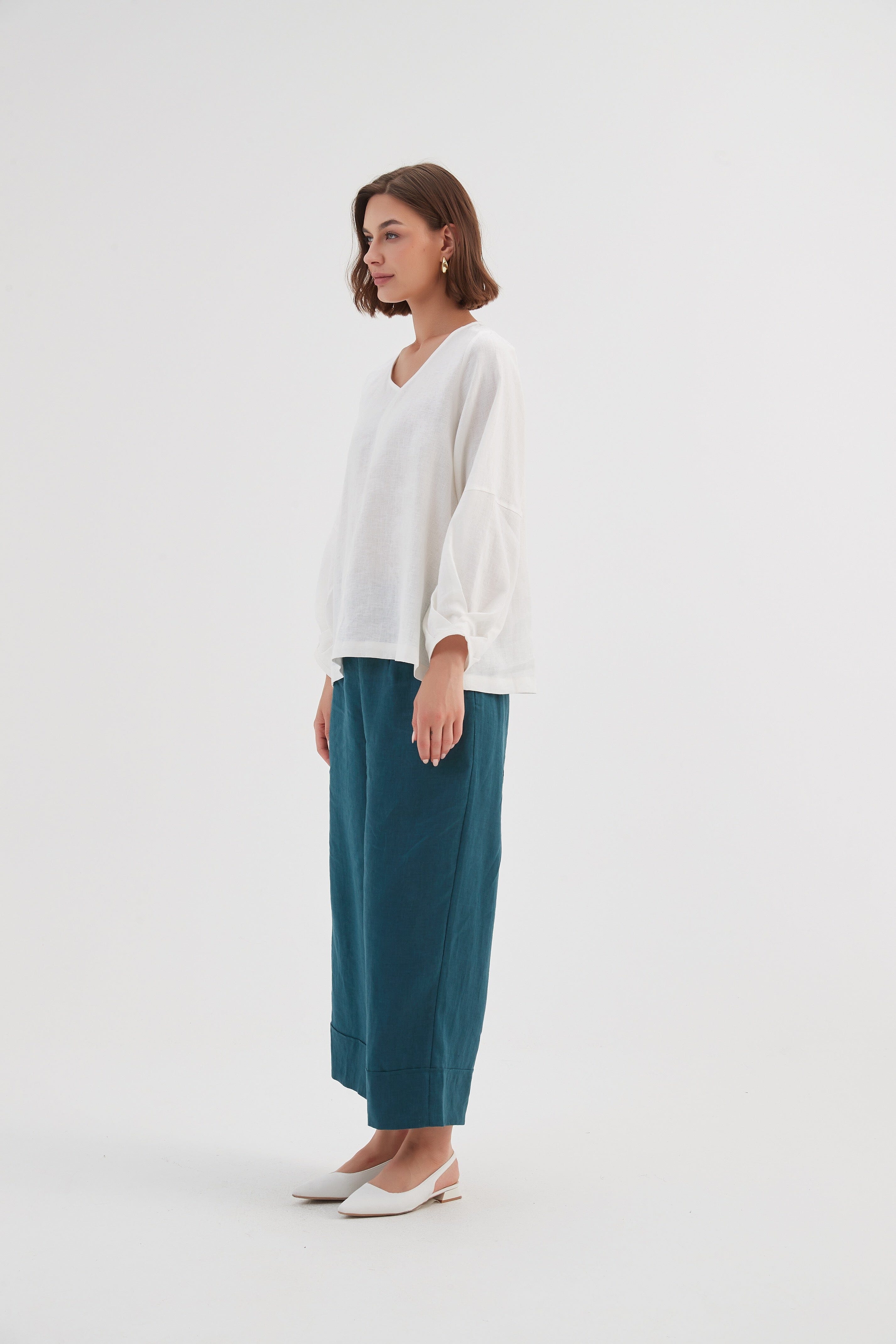 Tirelli Bishop Long Sleeve Linen Top- White Tirelli