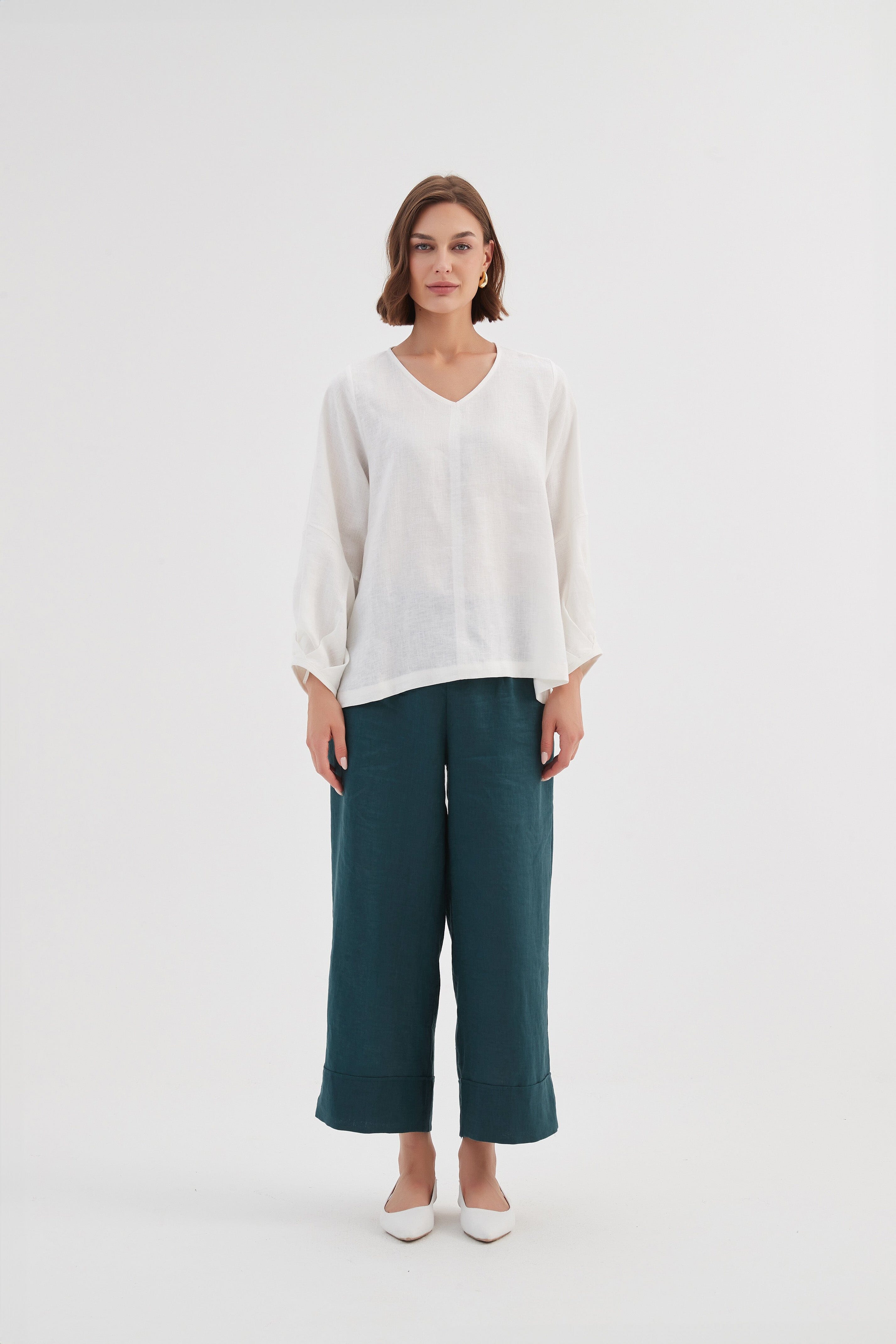 Tirelli Bishop Long Sleeve Linen Top- White Tirelli