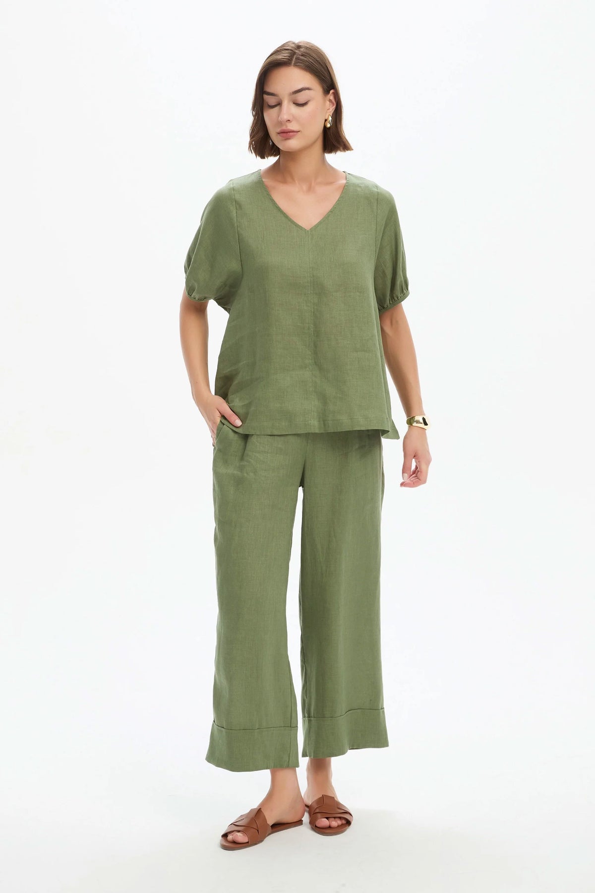 Tirelli Bishop Sleeve Top - Olive Green Women's Top Tirelli 