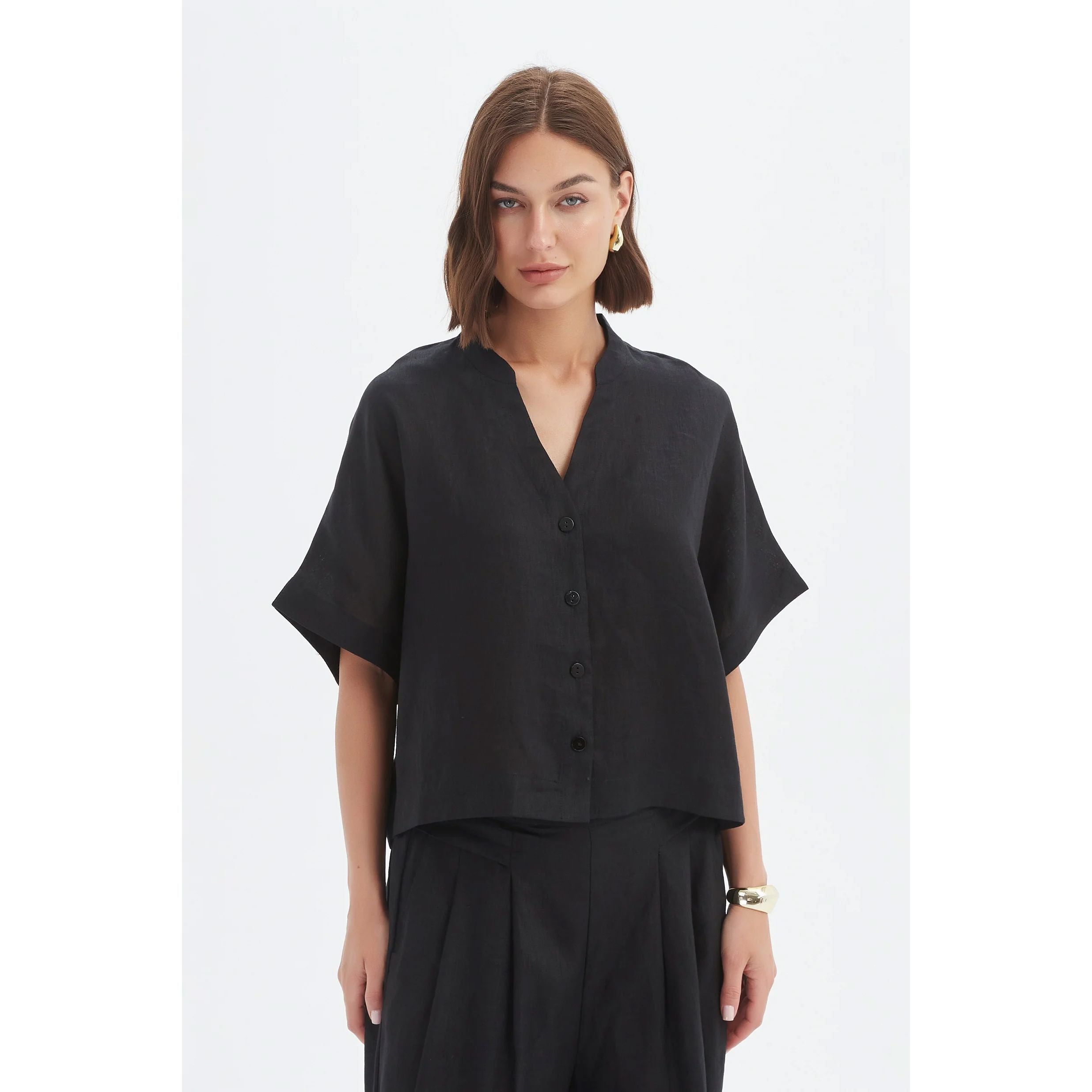 Tirelli Boxy Button Linen Shirt - Black Tirelli