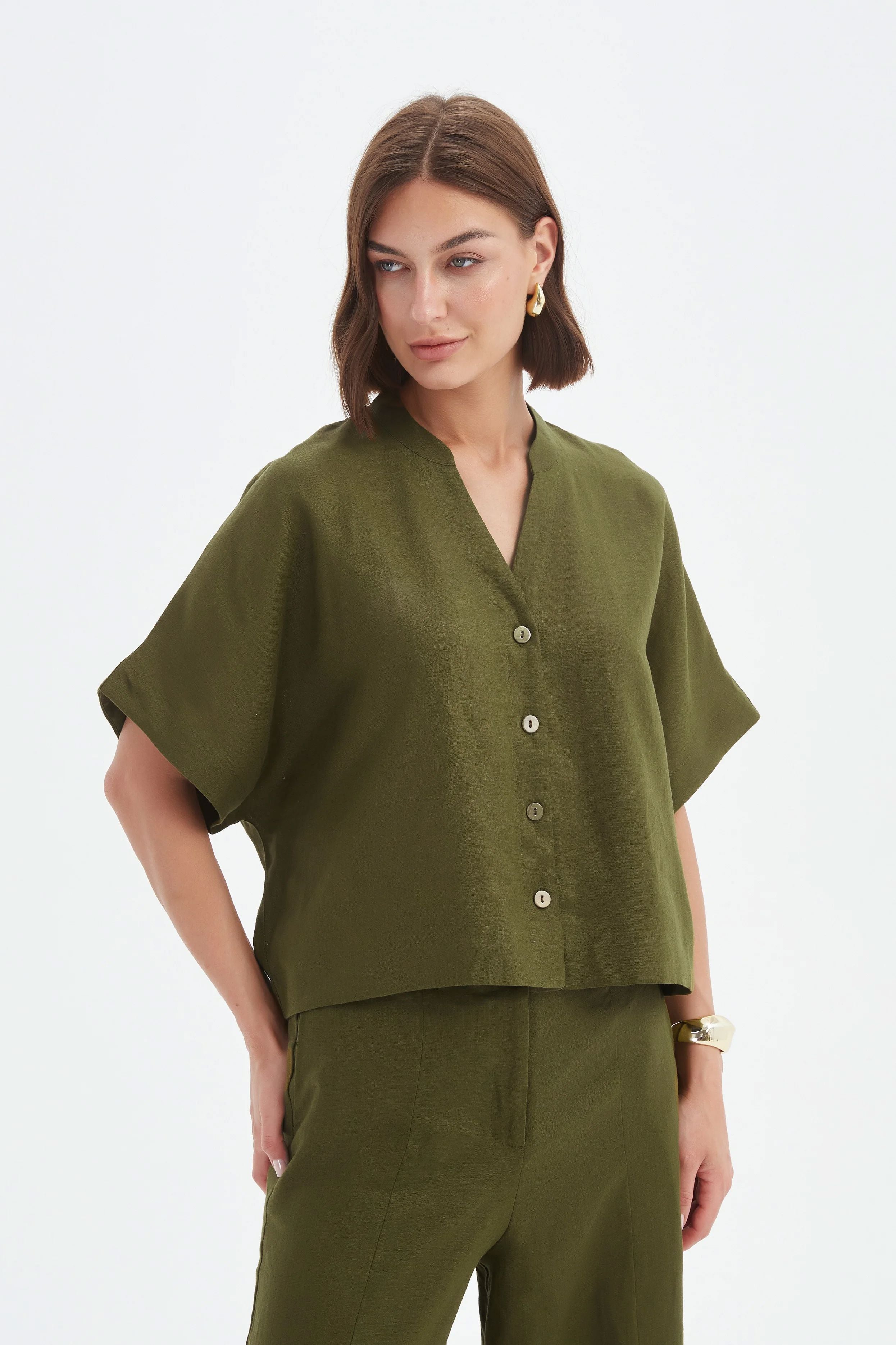 Tirelli Boxy Button Linen Shirt - Dark Moss Tirelli