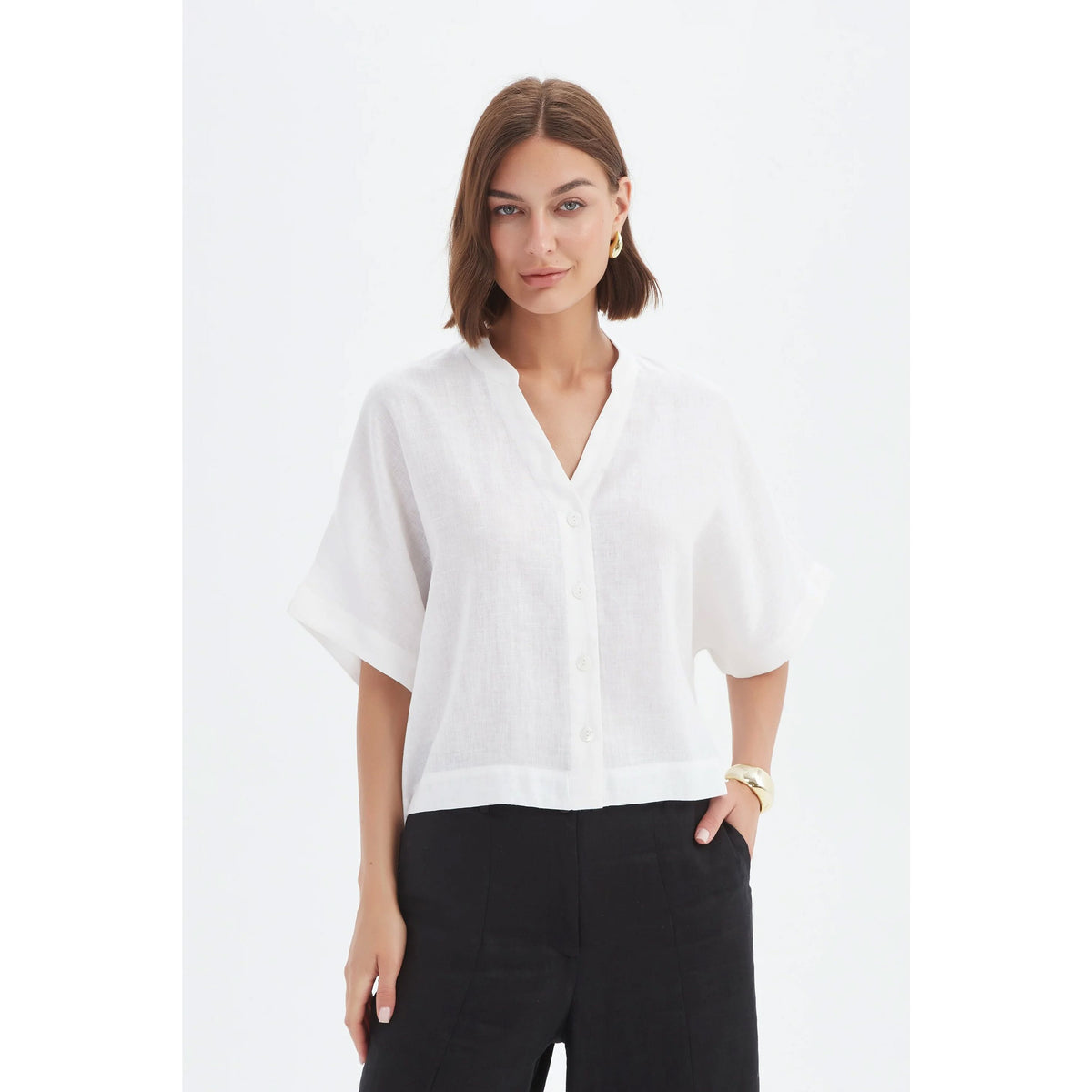 Tirelli Boxy Button Linen Shirt - White Women's Top Tirelli 