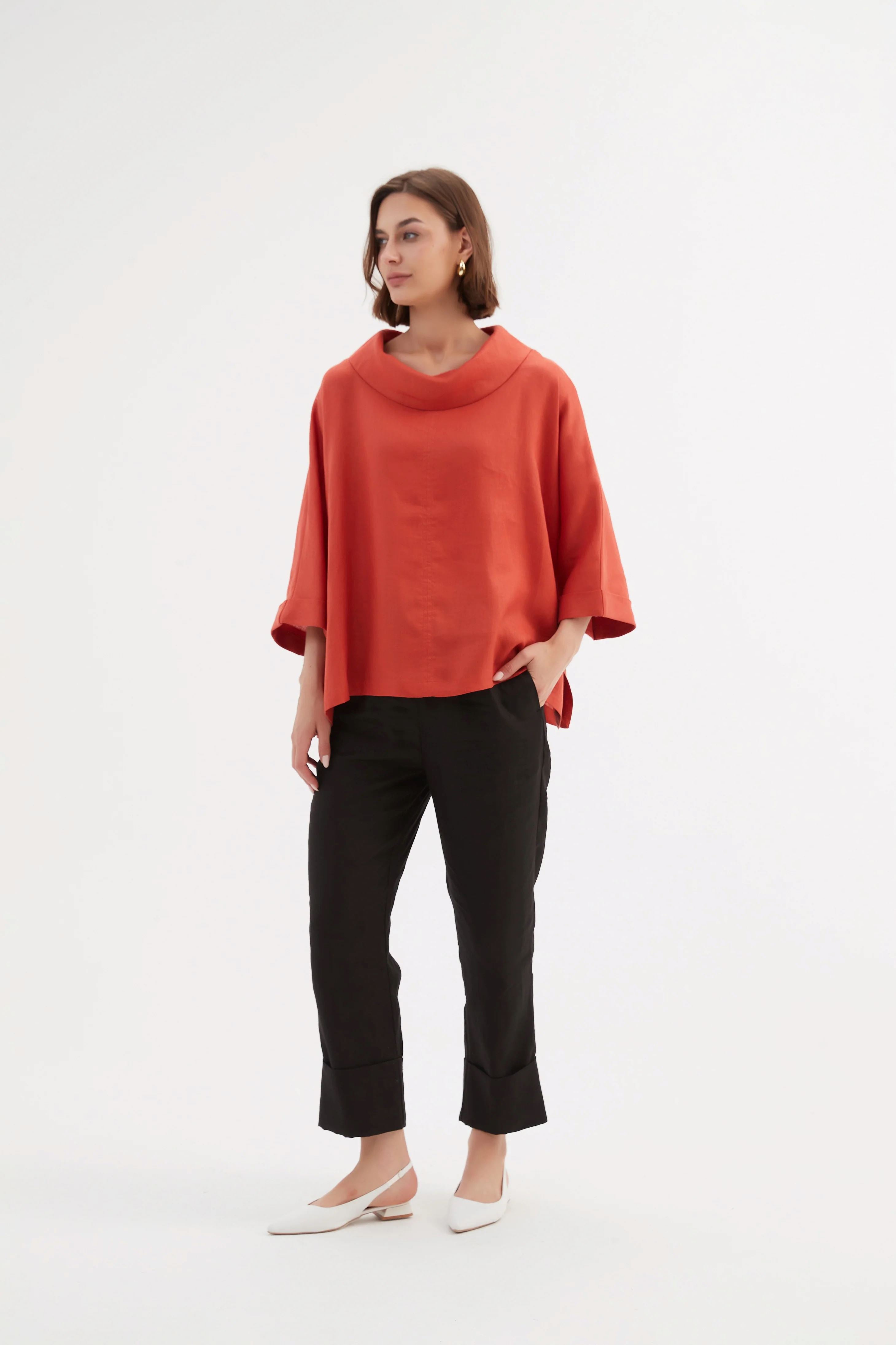 Tirelli Funnel Neck Boxy Top - Vermillion Tirelli