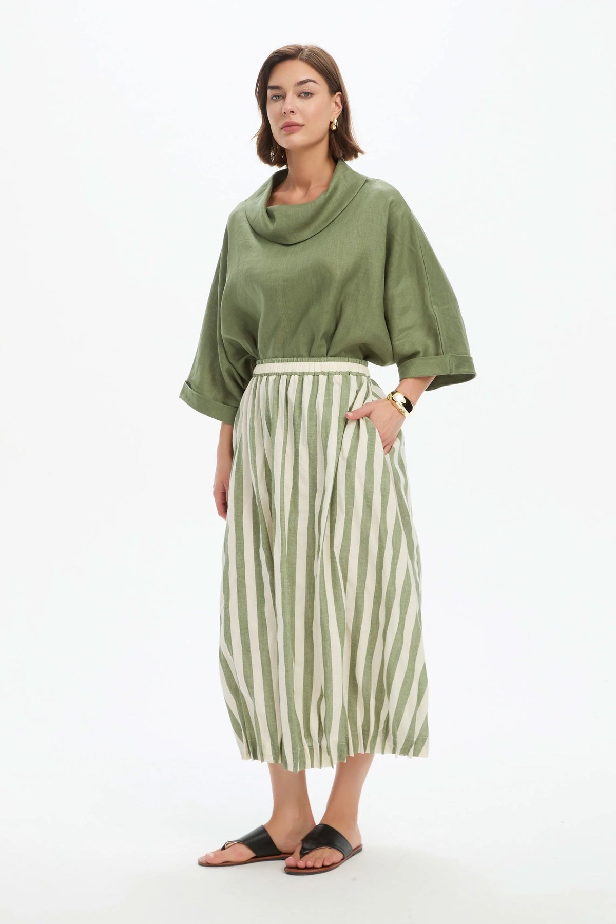 Tirelli Pin Tuck Hem Stripe Skirt - Olive Stripe Tirelli