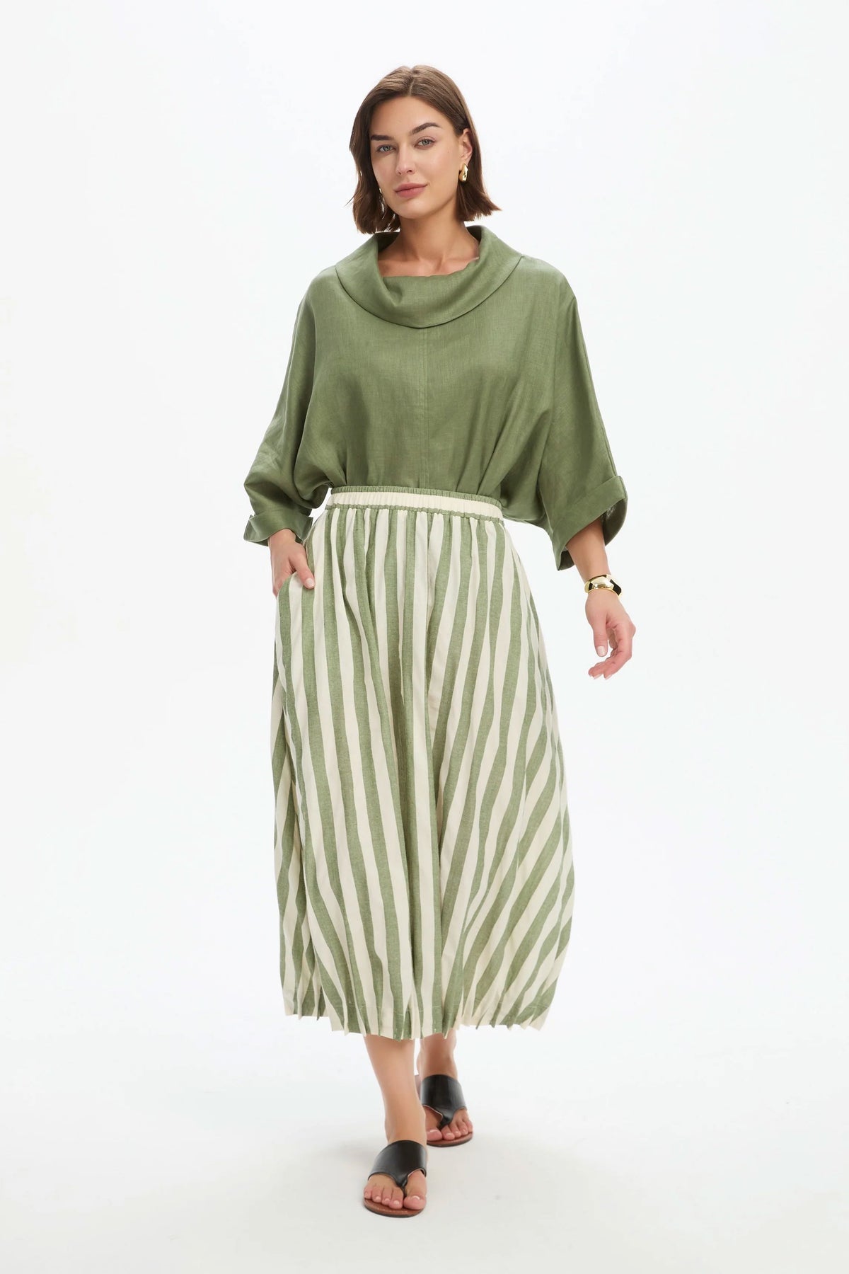 Tirelli Pin Tuck Hem Stripe Skirt - Olive Stripe Midi Skirt Tirelli 