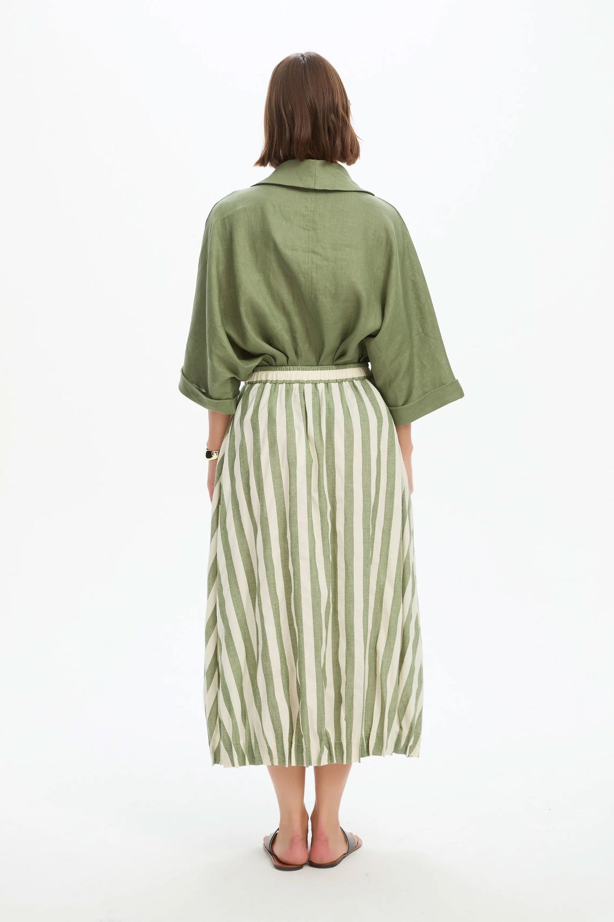 Tirelli Pin Tuck Hem Stripe Skirt - Olive Stripe Tirelli