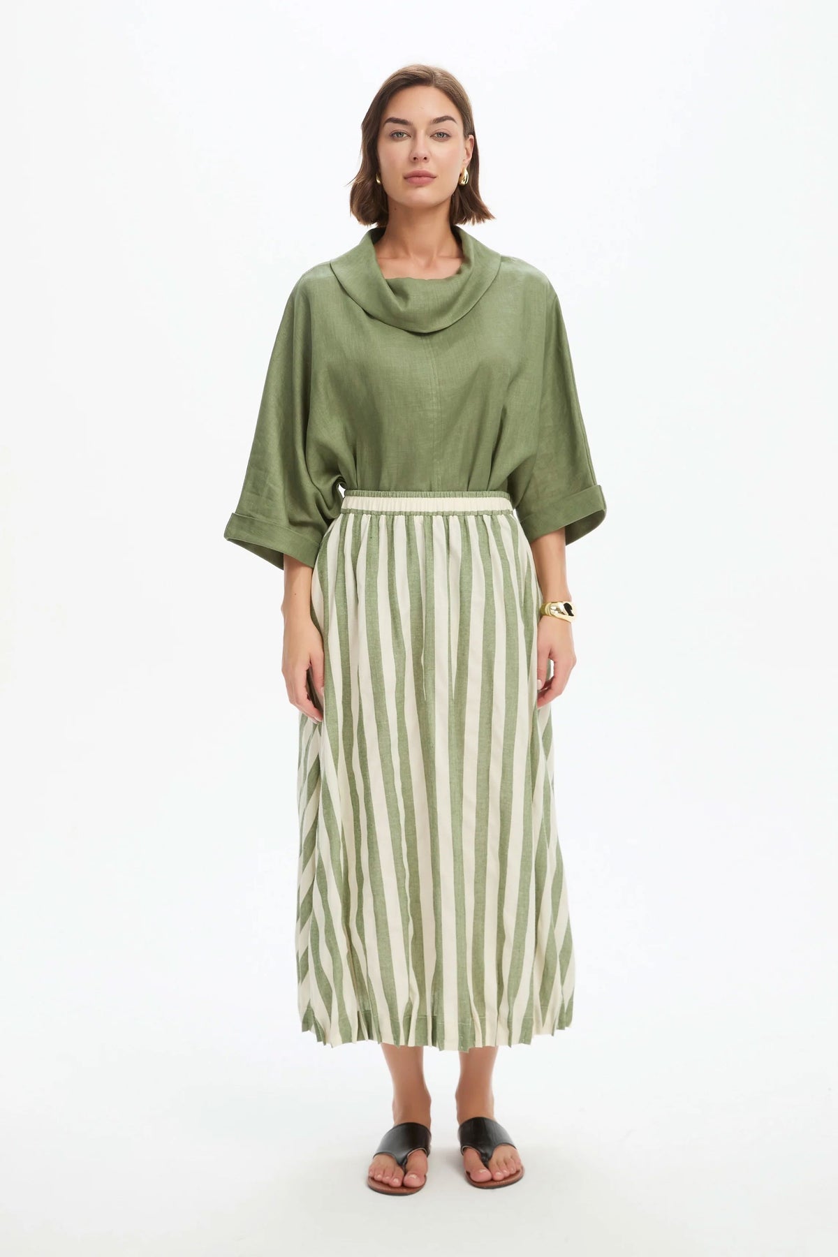 Tirelli Pin Tuck Hem Stripe Skirt - Olive Stripe Tirelli