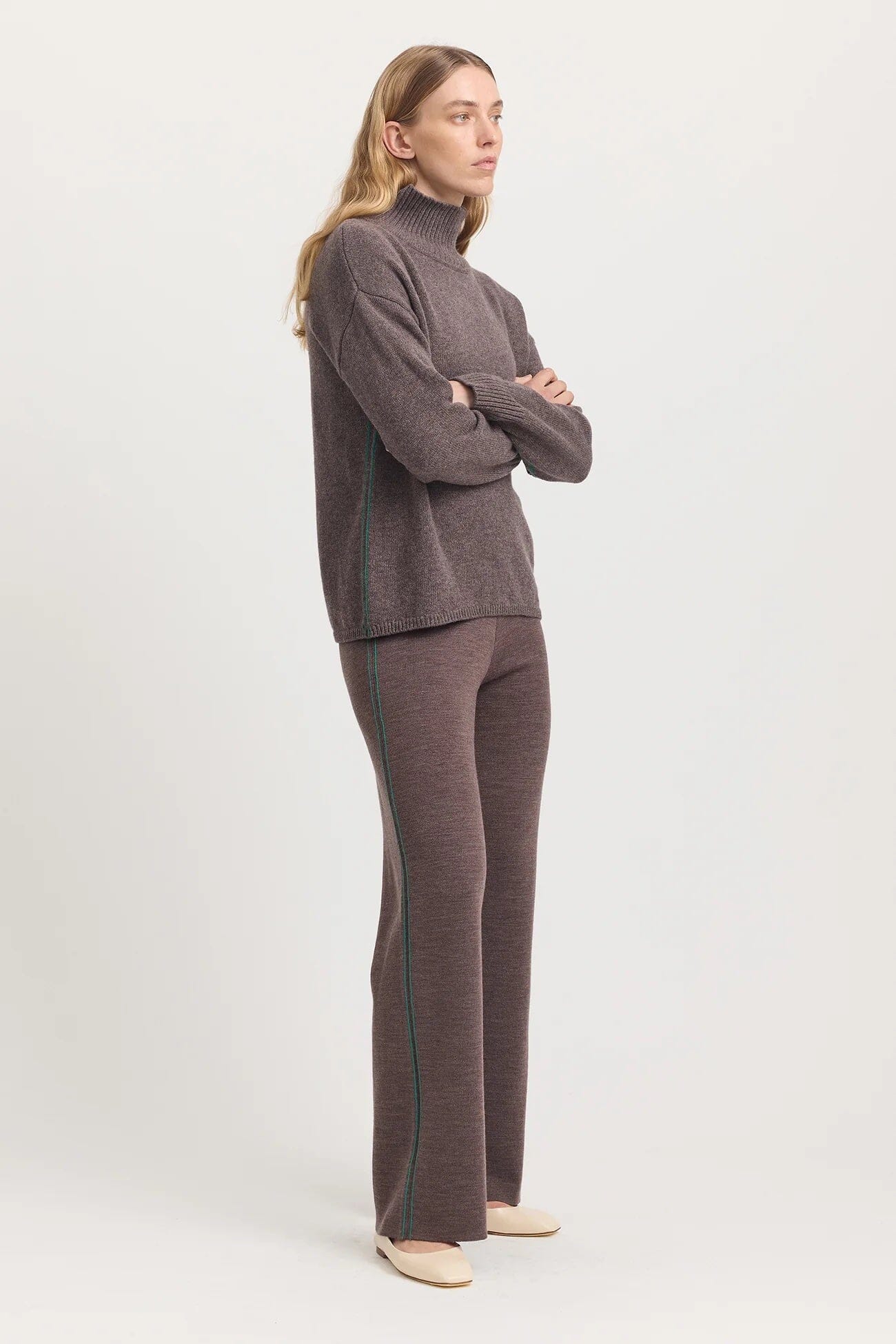 Toorallie Funnel Neck Jumper - Mocha & Green Toorallie