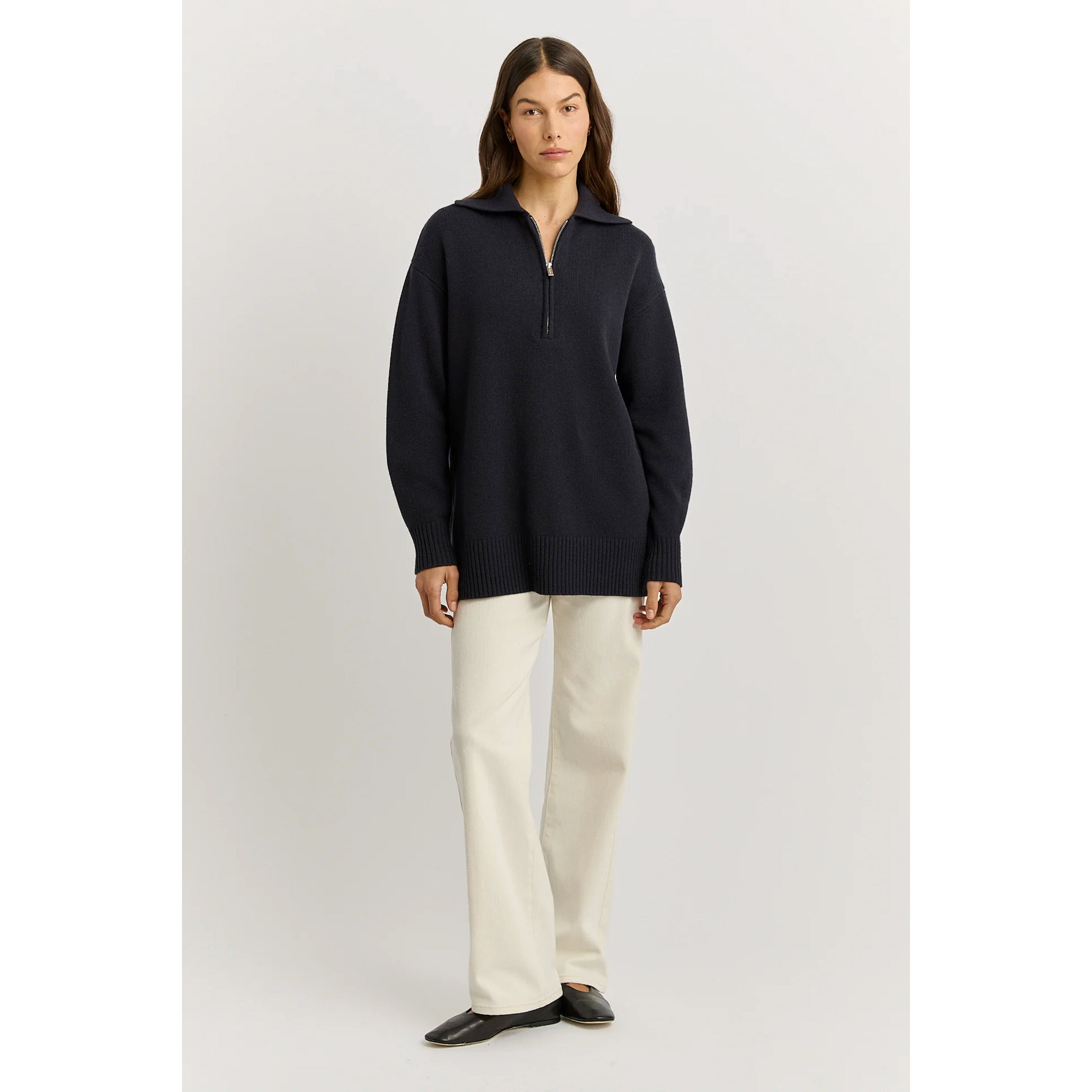 Toorallie Relaxed Longline Zip Polo - French Navy Toorallie
