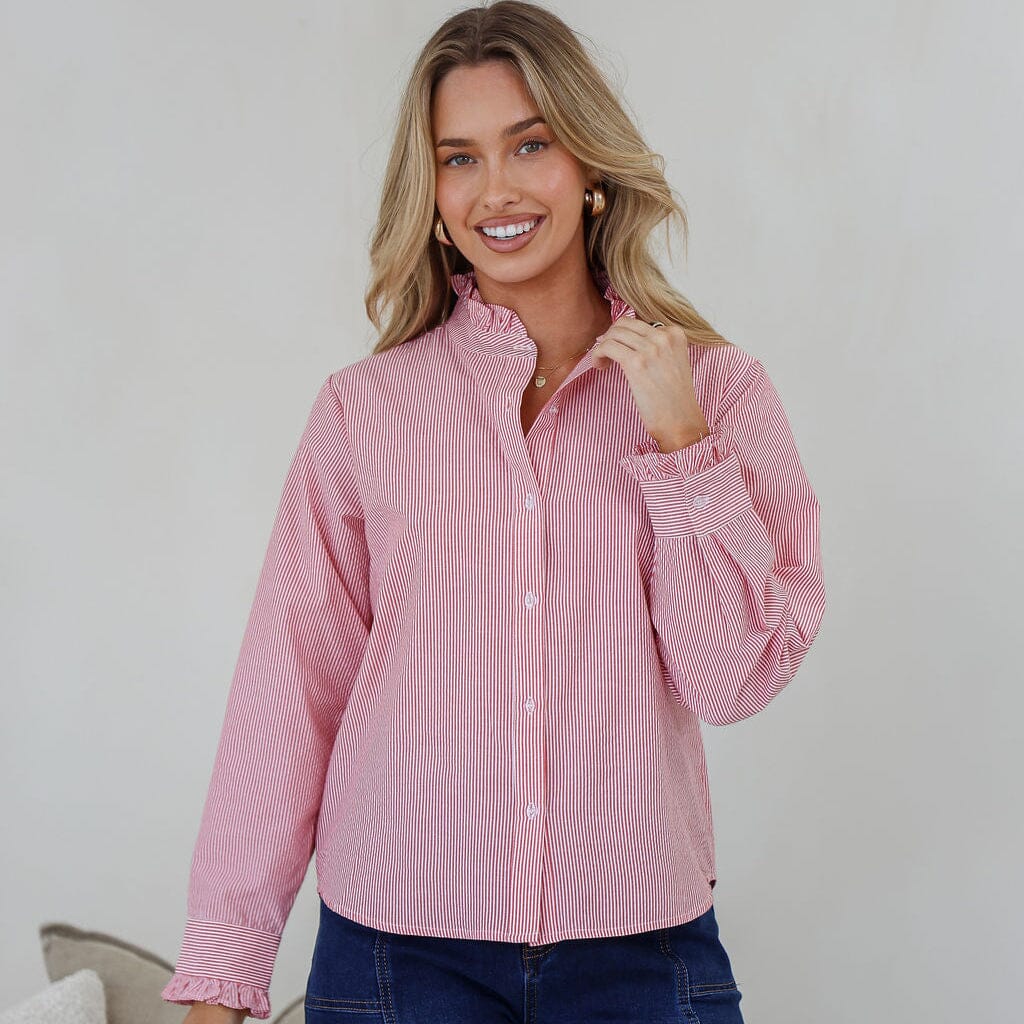 White Poetry Stripe Ruffle Shirt - Red White Poetry