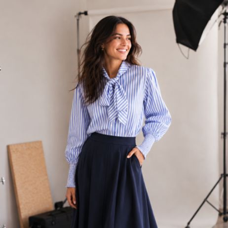 White Poetry Tie Knot Collar Shirt - Blue Stripe Women's Shirt White Poetry 
