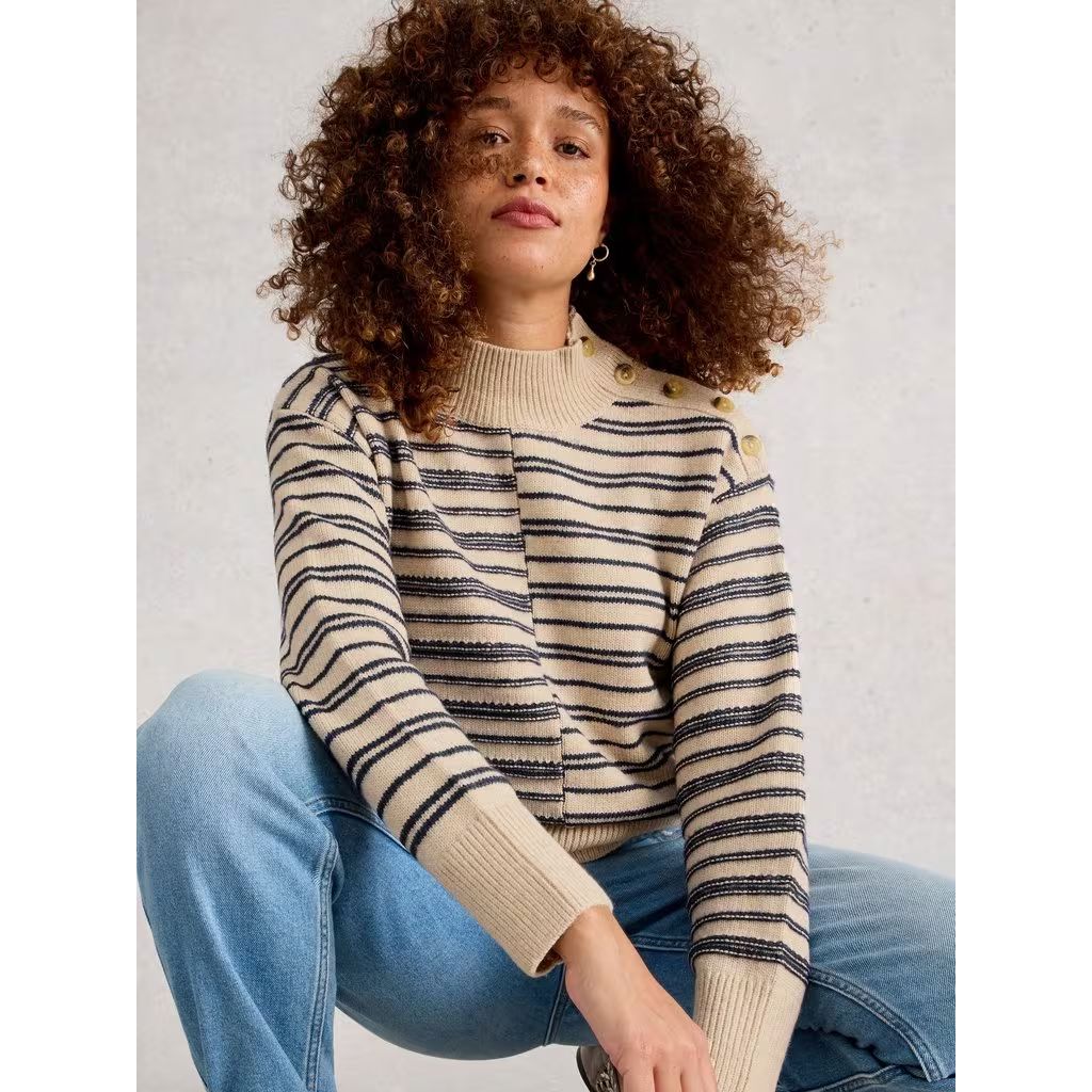 White Stuff Mix Stripe Stand Neck Jumper - Natural Women's Jumper White Stuff 