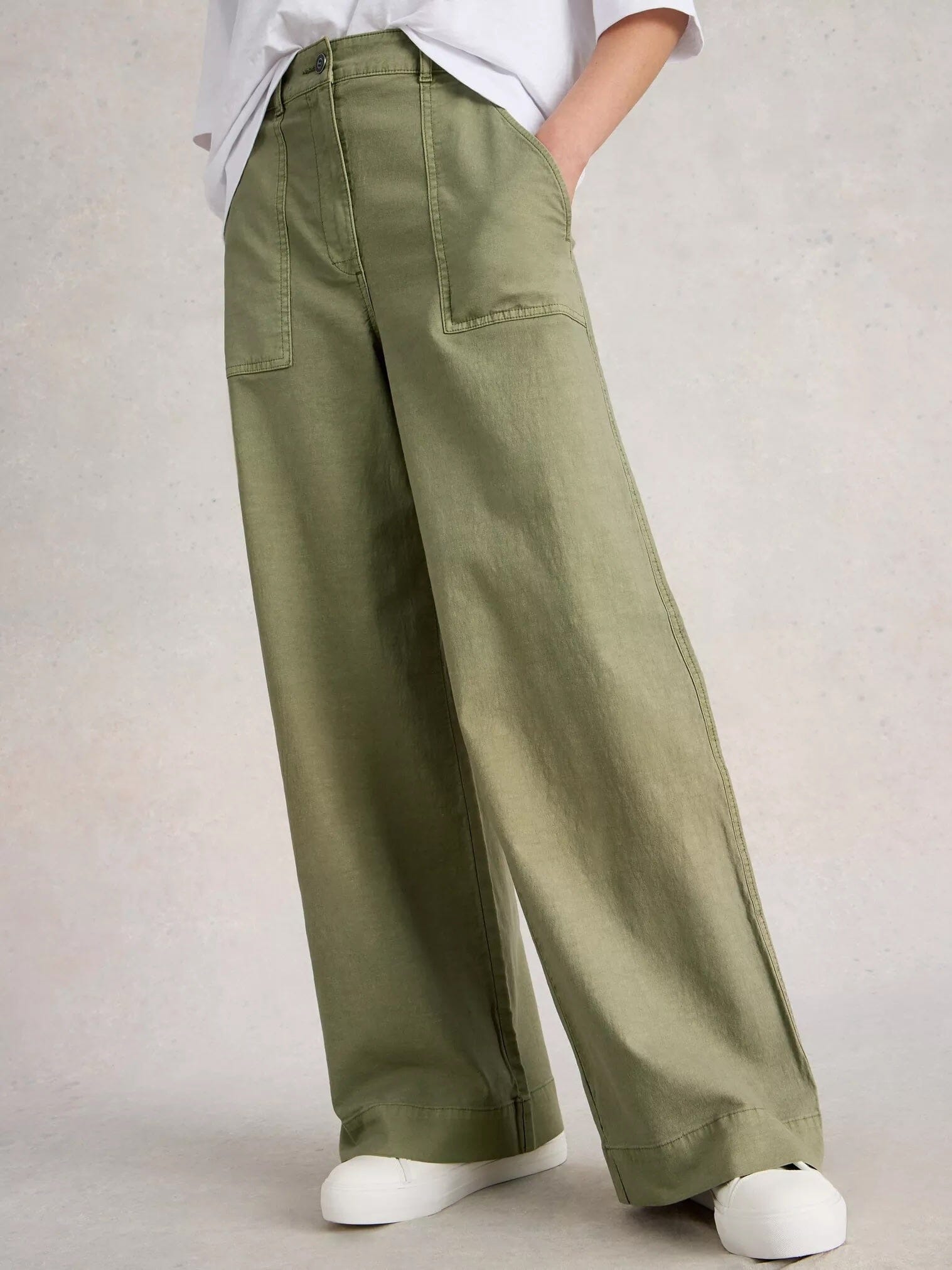White Stuff Twister Chino Wide Leg Trouser - Khaki Green White Stuff