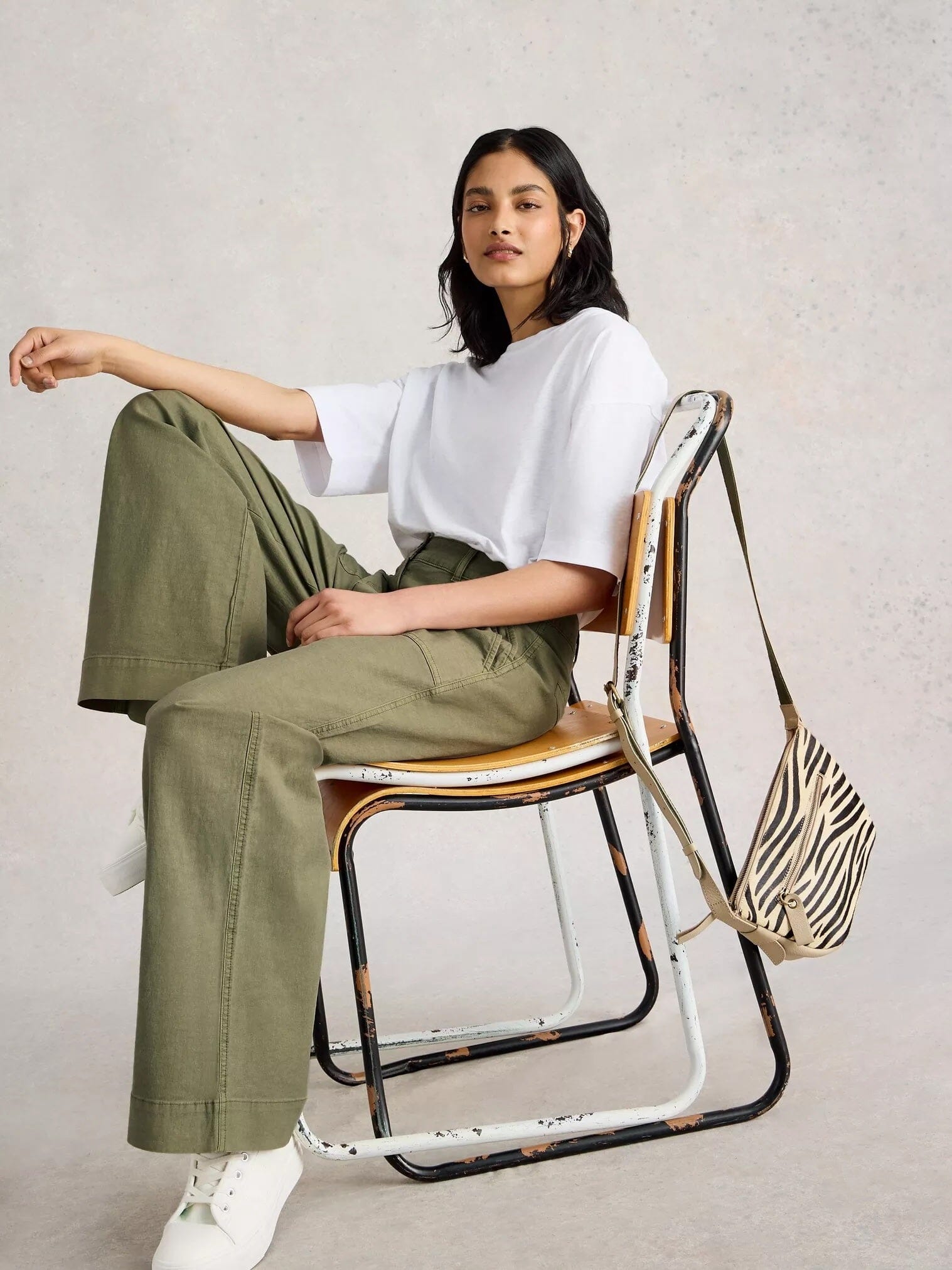 White Stuff Twister Chino Wide Leg Trouser - Khaki Green White Stuff