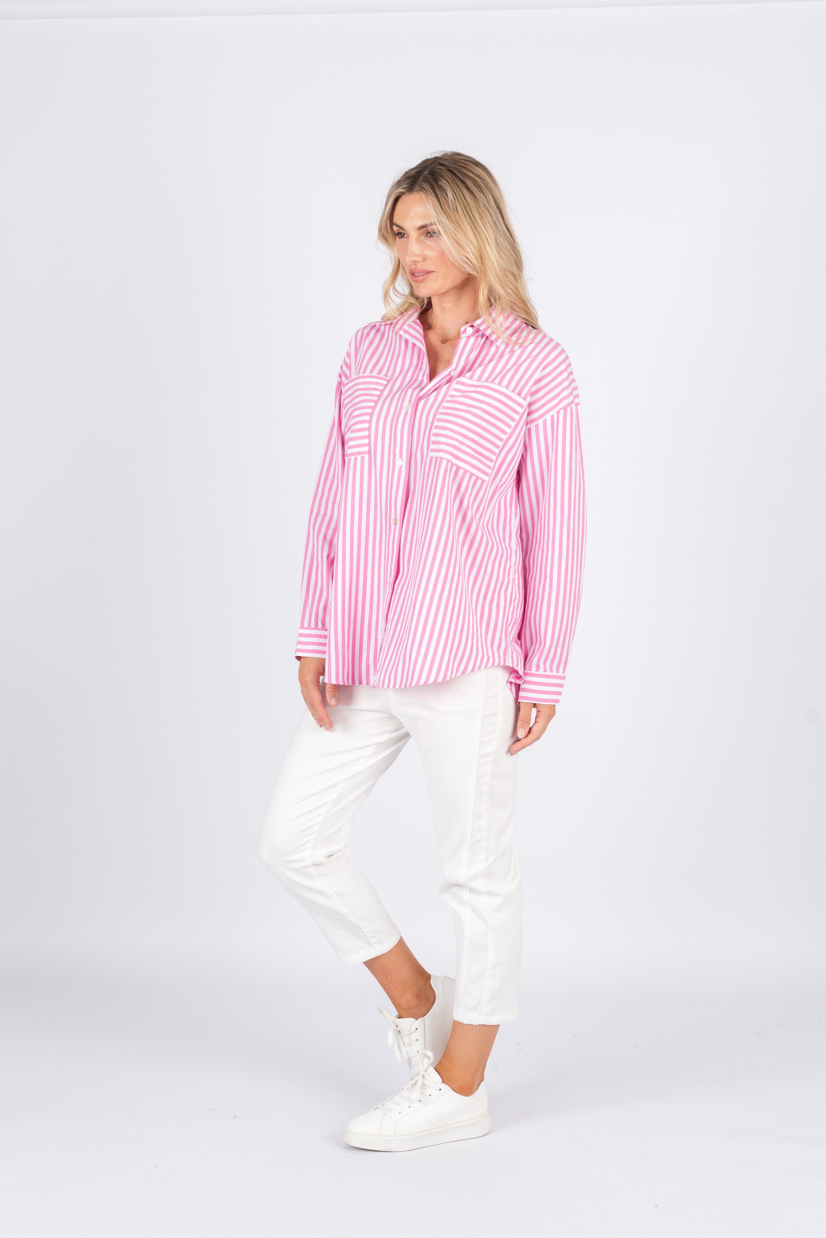 Worthier Alayah Stripe Cotton Shirt - Candy Pink Worthier