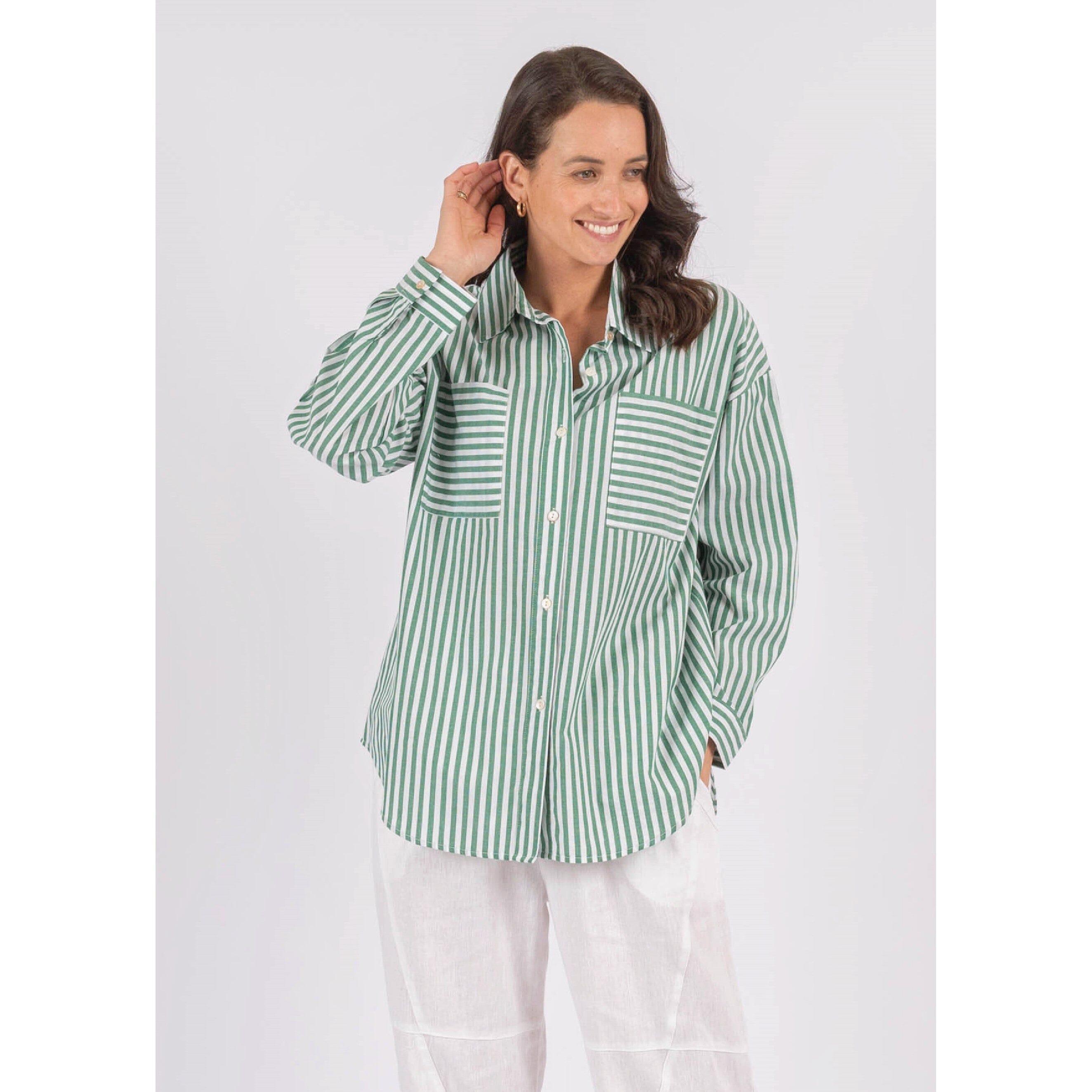 Worthier Alayah Stripe Cotton Shirt - Emerald Worthier